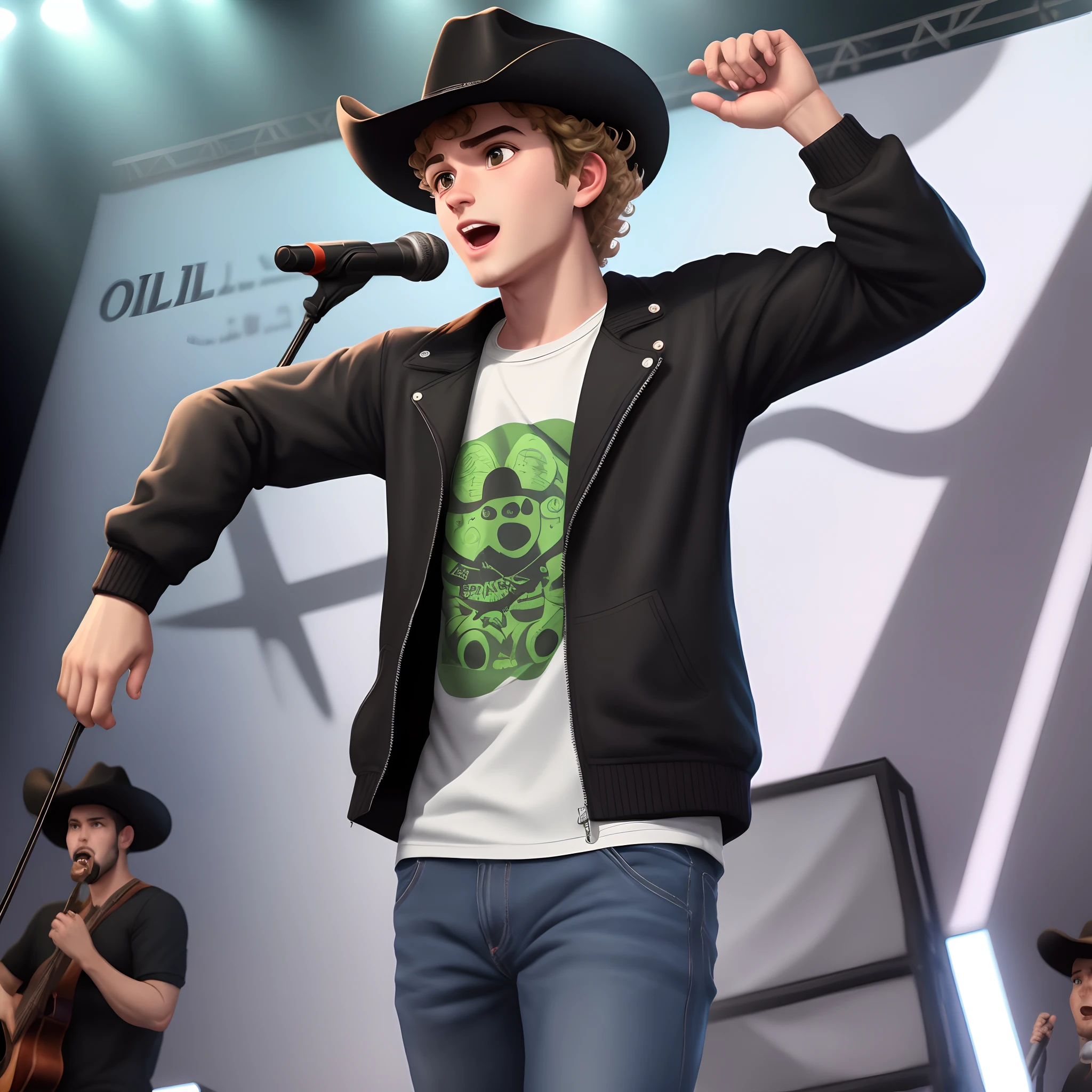 crie um banner no estilo Pixar. Um Menino , branco com cabelos curtos loiro, olhos verdes, Slightly curly appearance with bald hair, mas jovem, usando uma camiseta, Wearing black jacket and black cowboy hat and holding a microphone on top of a stage.