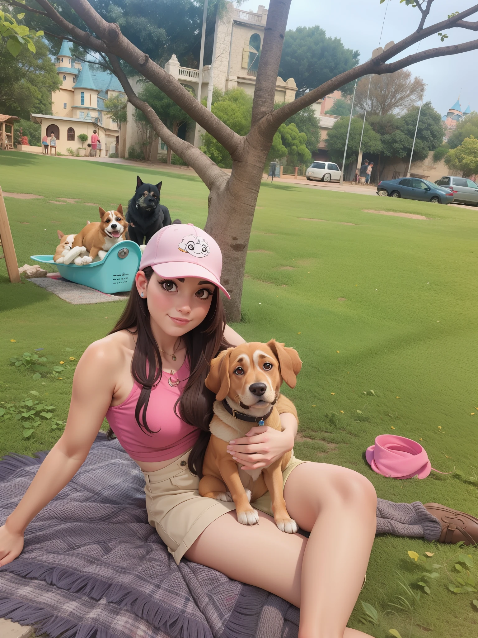 Mulher de cabelo cacheado com seu cachorro caramelo estilo disney