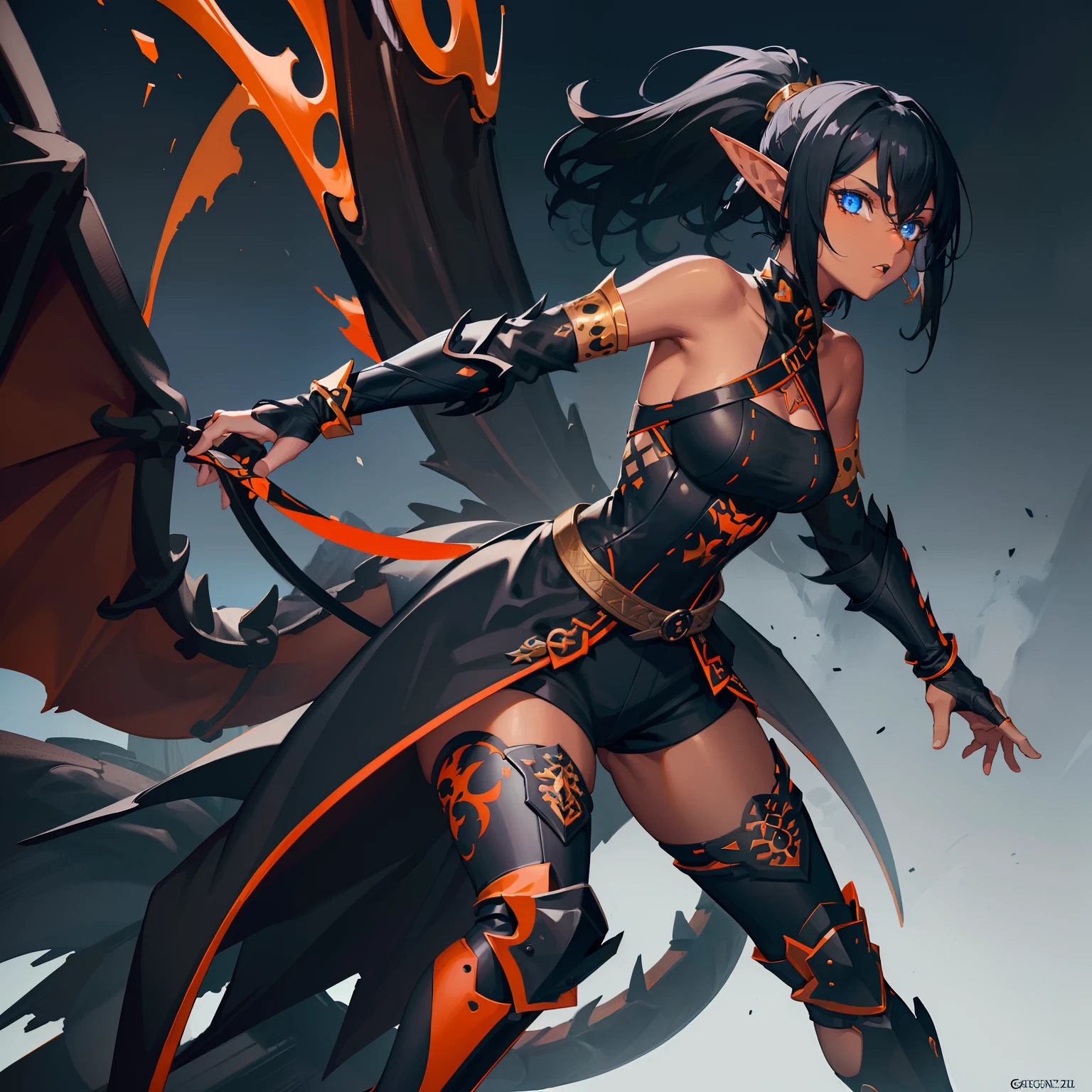 1girl , (((Dark Skin)))), Black Hair with Ponytail, (((Blue Eyes))), ((Black Metallic Gauntlets and Greaves with Orange and Silver Highlights)), (((The Clothes Have a Mix of Modern and Tribal))), (((The Clothes Have a Mix of Modern and Tribal))), having mostly the color black, but having parts in orange, shoulders exposed, at the hip a shorts that extend to half of the thigh of black color. ((Black Overcoat with a orange inner part)) absurd res, best res, high res, best face, best eyes, (((Dragon Tail))), ((Elf Ears))