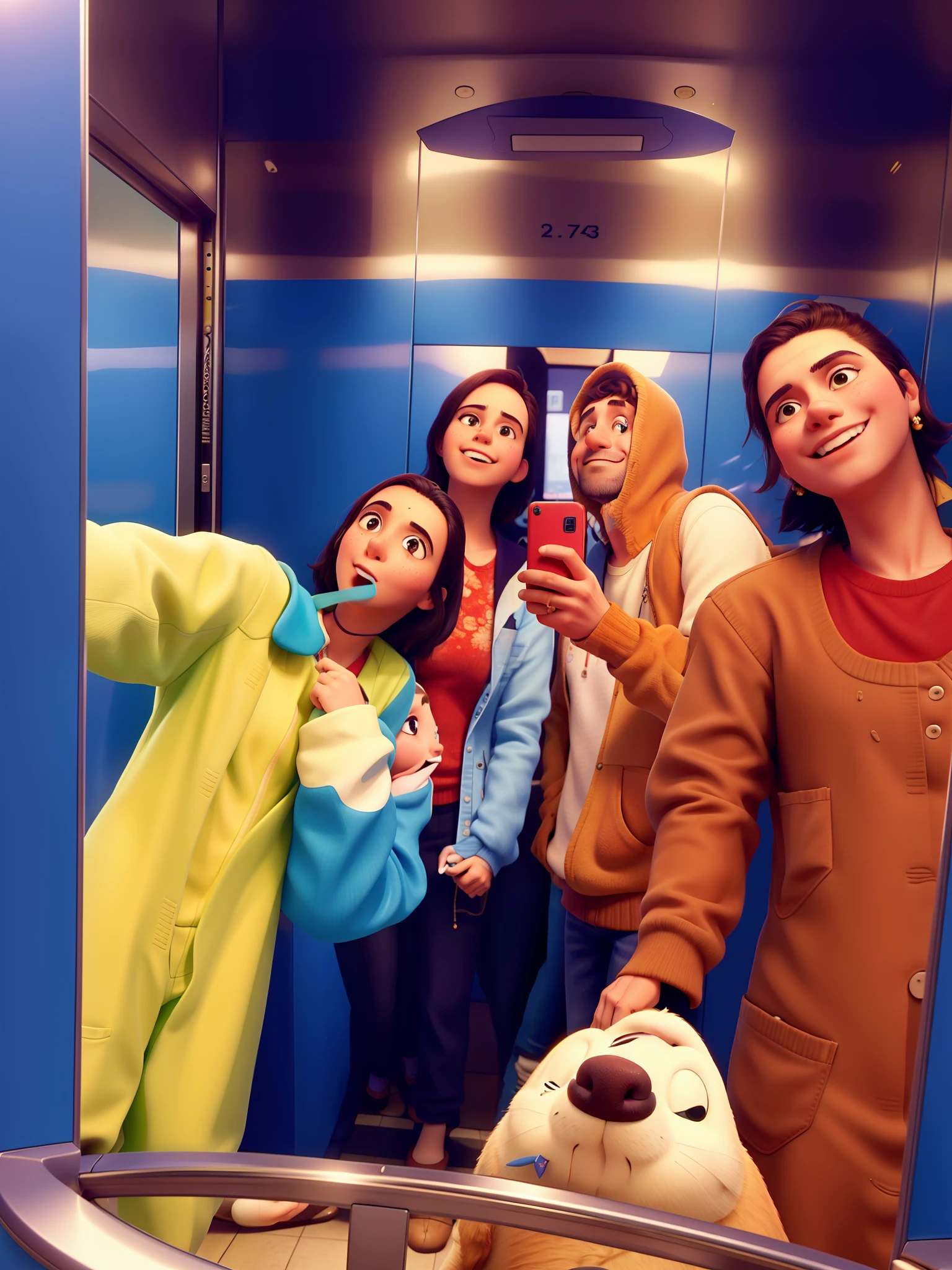 There are four people taking a selfie in an elevator, grupo de pessoas em um elevador, em um elevador, no elevador escuro, elevador, inspirado em Leandro Erlich, portas de elevador parecem uma boca, com rostos molhados!!, Fotografia tirada em 2 0 2 0, com pessoas dentro pilotando-o, Directed by: Emma Andijewska