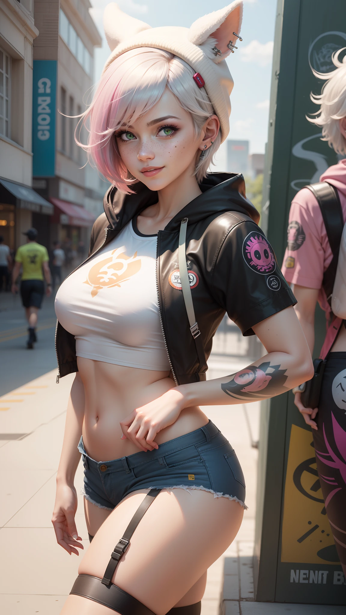 gwen tennyson,tracer,yorha 2b,y'shtola rhul,overwatch,nier automata,mecha pilot,shopping mall,tattoos,orange and pink plugsuit,white short sleeve top,denim micro shorts,fishnet garter belt, uncovered belly,short hair,cute makeup,green eyes,multicolored silver hair,sexy smile,freckles,beautiful girl,large breasts,8k,ultra detailed, realistic,fantasy art,skater uniform,ear piercings,cyberpunk suit,saiyan girl, saiyan female,white short sleeve sport hoodie,bunny ear beanie,graffiti wall art,walking,small purse,