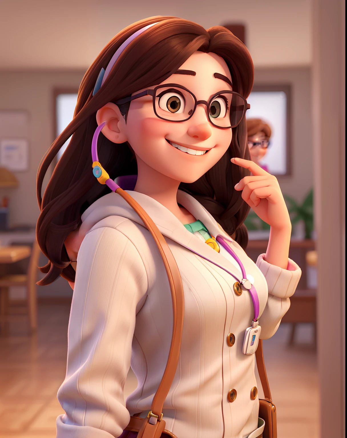 smiling beatiful woman with glasses and a colorful lanyard around her neck, selfie of a young woman, slight nerdy smile, cute slightly nerdy smile, headshot profile picture, happily smiling at the camera, she is smiling, smiling and looking directly, very very low quality picture, frontal picture, she is smiling and happy, very slightly smiling, beautiful and smiling, profile image