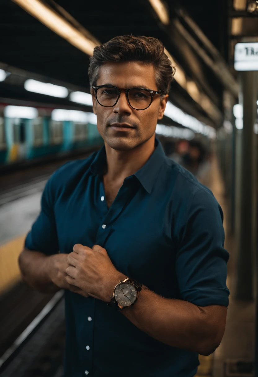 bonito, engenheiro, masculino, 40 anos de idade, cabelo com gel, Slim black rim prescription glasses, olhos castanhos altamente detalhados , camisa polo azul, Several subway trains in the background