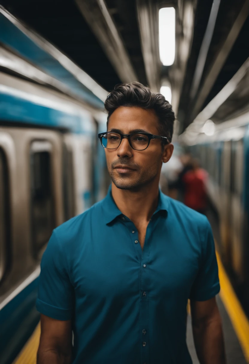 bonito, engenheiro, masculino, 40 anos de idade, cabelo com gel, Slim black rim prescription glasses, olhos castanhos altamente detalhados , camisa polo azul, Several subway trains in the background