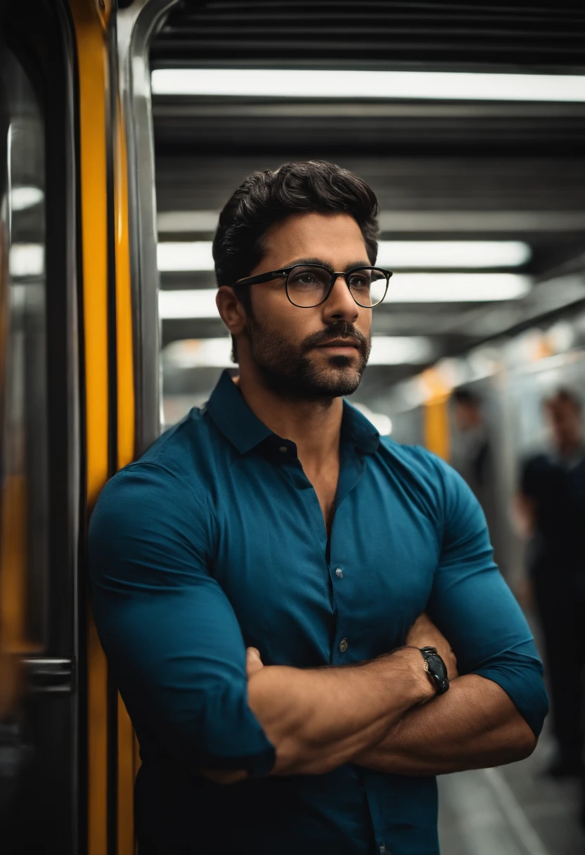 bonito, engenheiro, masculino, 40 anos de idade, cabelo com gel, Slim black rim prescription glasses, olhos castanhos altamente detalhados , camisa polo azul, Several subway trains in the background