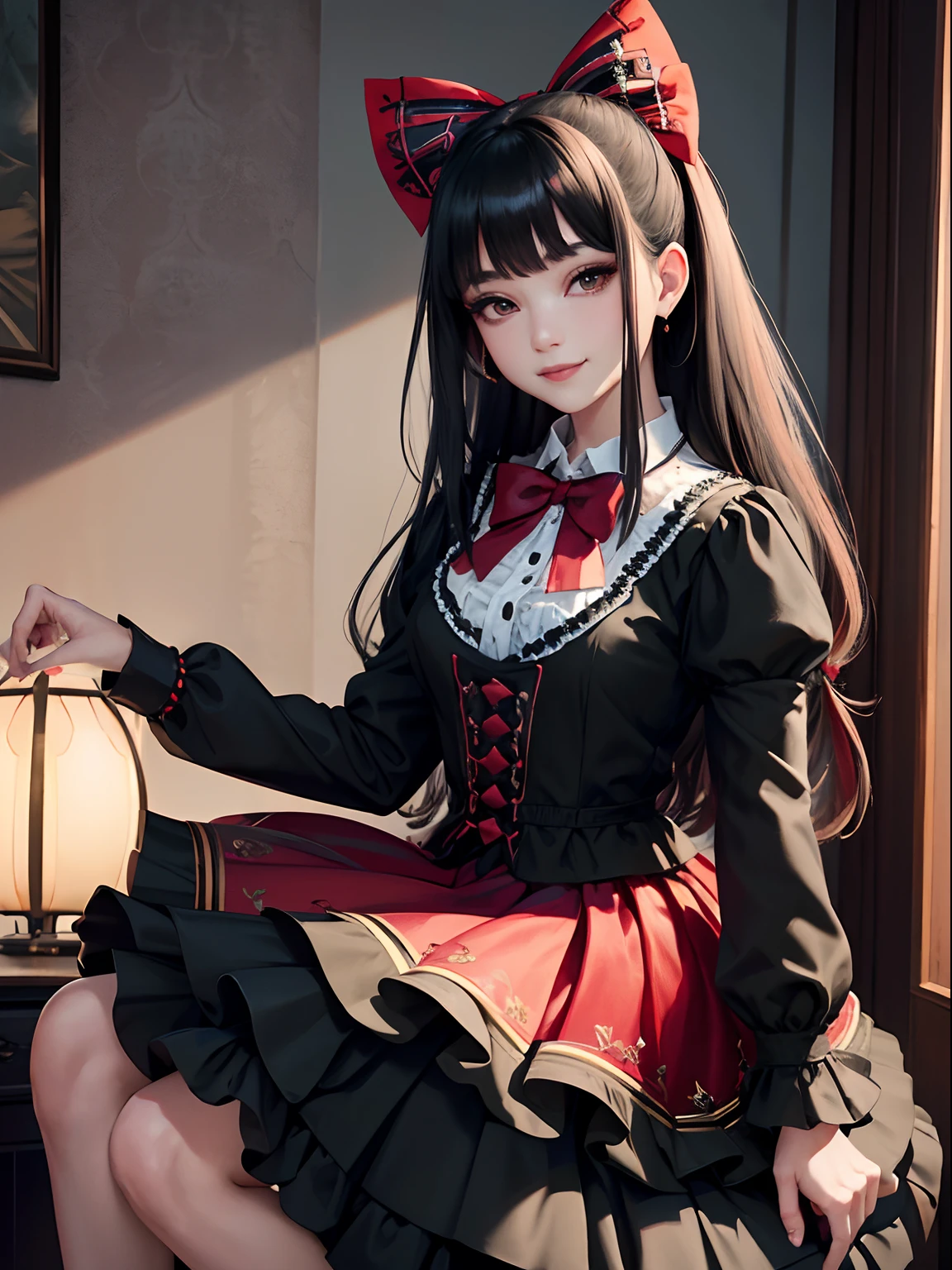 masterpiece, best quality, intricately detailed, a woman, beautiful, elegant, infected face, smile, iridescent long hair, bangs, bow, hair bow, skirt, shirt, long sleeves, frills, shoes, bowtie, (red and black:1.4), flower,