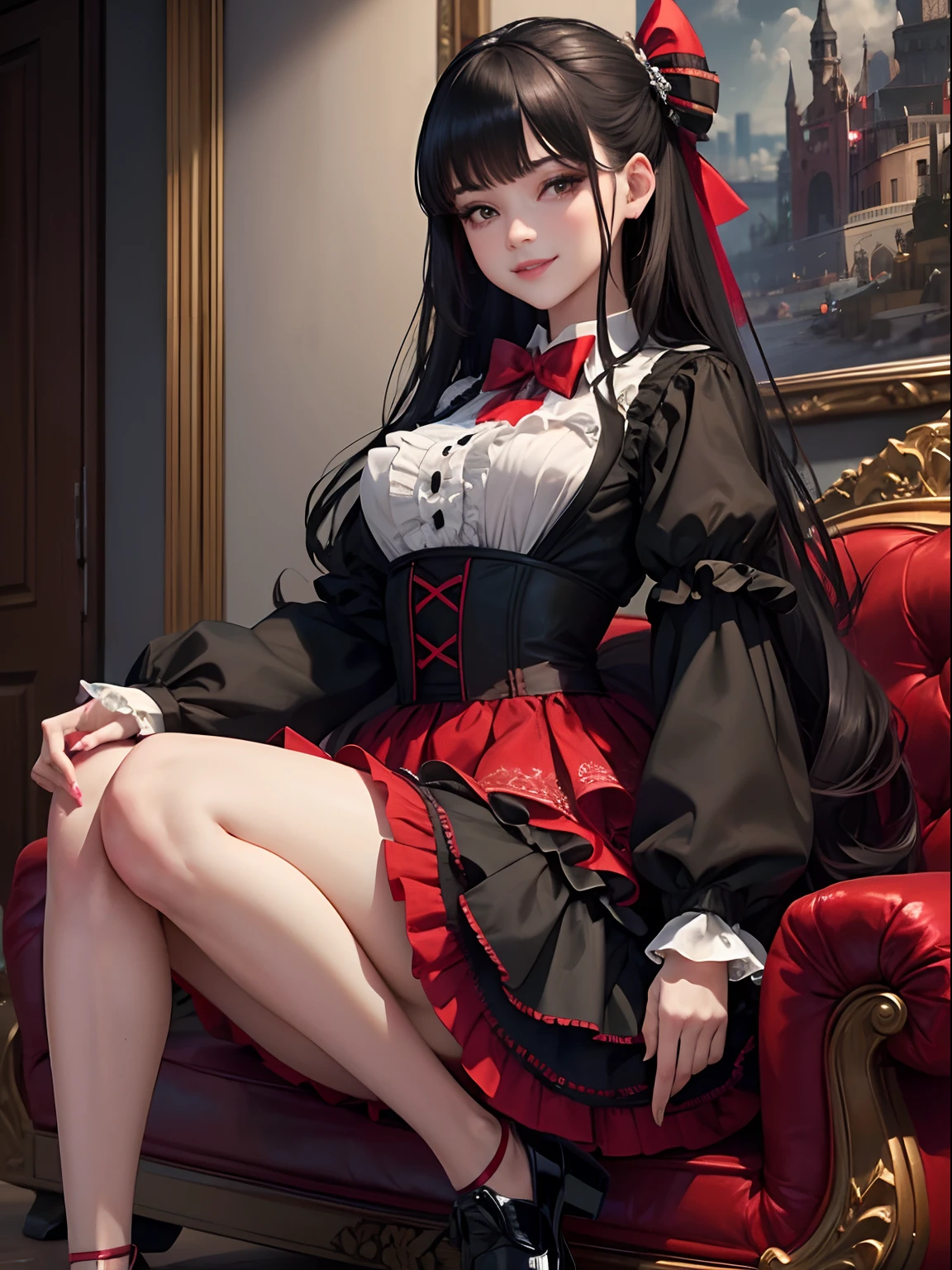 masterpiece, best quality, intricately detailed, a woman, beautiful, elegant, infected face, smile, iridescent long hair, bangs, bow, hair bow, skirt, shirt, long sleeves, frills, shoes, bowtie, (red and black:1.4), flower,