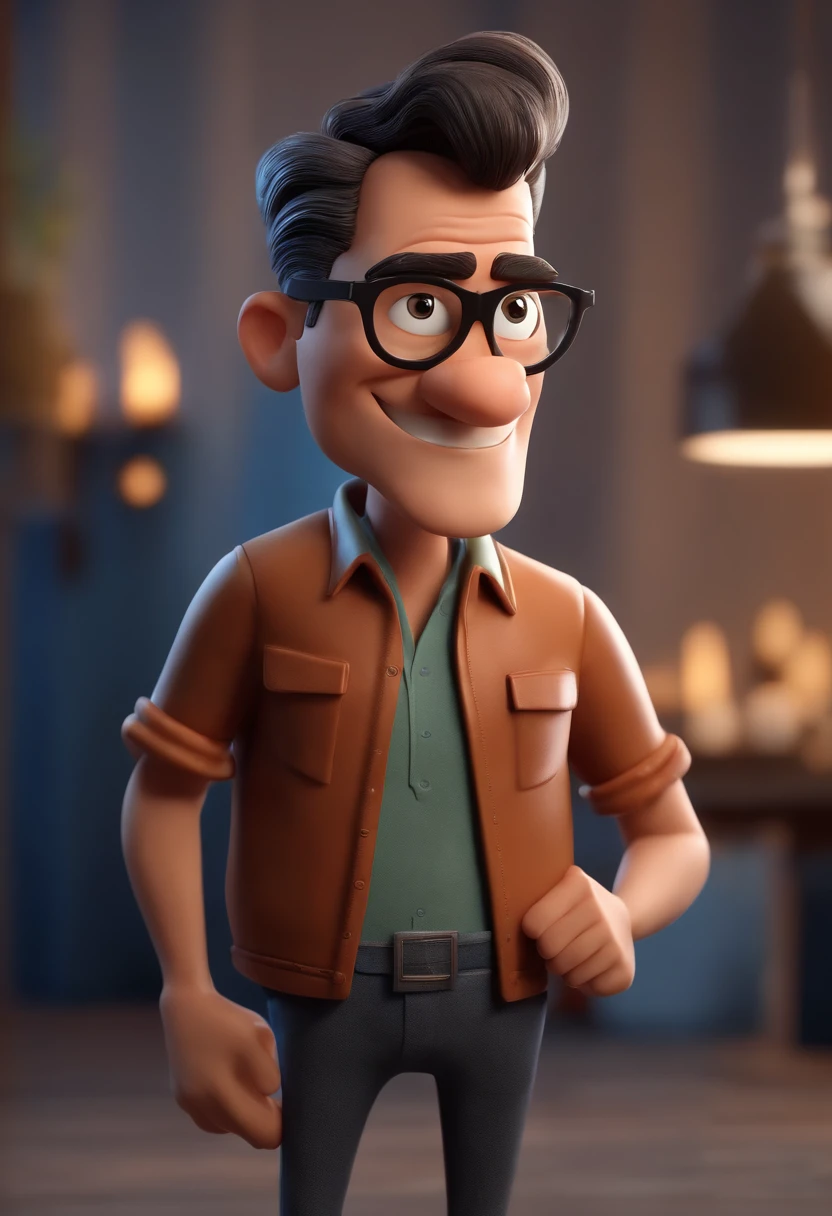 Cartoon character of a man with black glasses, cabelo cacheado marrom escuro e uma camisa azul, animation character, Caractere estilizado, animation style rendering, 3D estilizado, Arnold Maya render, 3 d render stylized, toon render keyshot, Personagem 3D, Personagem 3D, 3d rendering stylized, 3 d character render, personagem de desenho animado, Personagem de close up, Pose de personagem,  (Estilo Pixar) (master part:1.2) (Bokeh) (best quality) (pele detalhada) (textura detalhada) (8k) (argila) (Cinematic lighting) (foco nítido