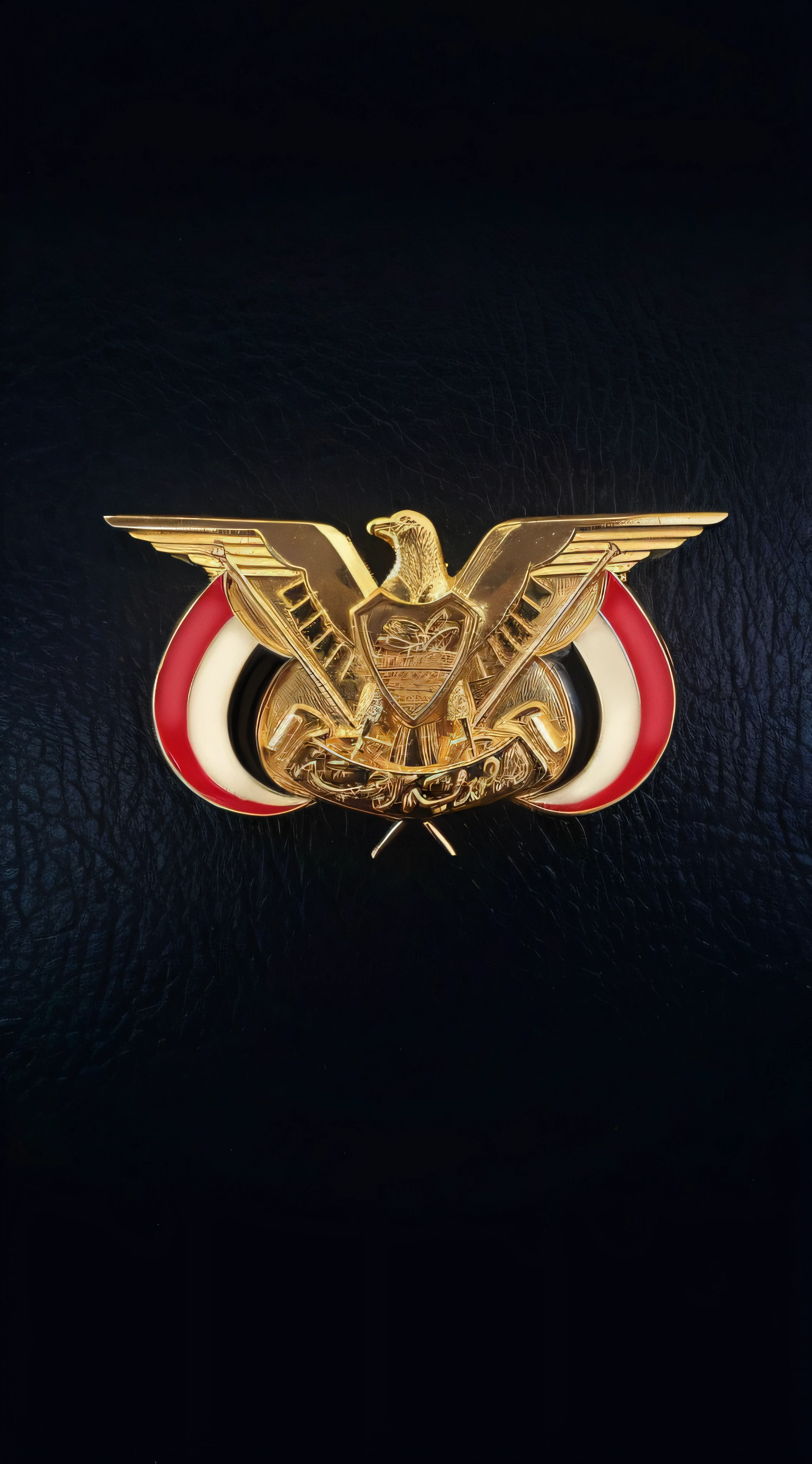 Close-up of a golden eagle with a red color, blanc, and the blue ribbon, With eagle logo, Military Badges, Sharp metal logo, Royal badge in the background, Roger that, Gold plated, from egypt, Egypt, Screenshot on iPhone 6, Shiny gold, black and red, Eagle Logo, Shareh, Oman, Arabic, Impeccable military composure, accurate to egyptian tradition