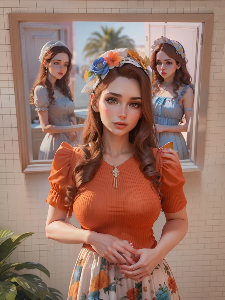 Carton 3d render mulher rosto Angelical olhando pra foto sorriso, vestido peitos grandes, smartphone in hand,ruiva cacheada