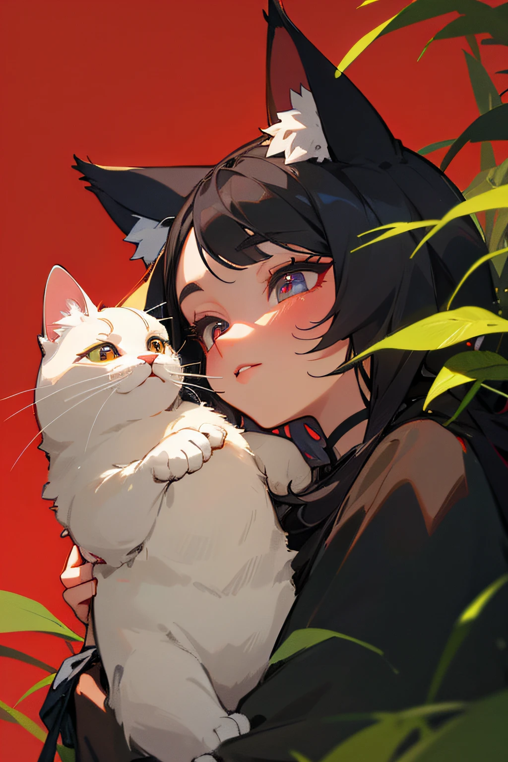 (hight resolution,Masterpiece:1.2),Vivid colors,beautiful detail eyes,beautiful detailed lips,long eyelashes,black coat,fluffy fur,cute expression,Feline Grace,Let's move on to the camera,on a red background,Greenery and plants on stage