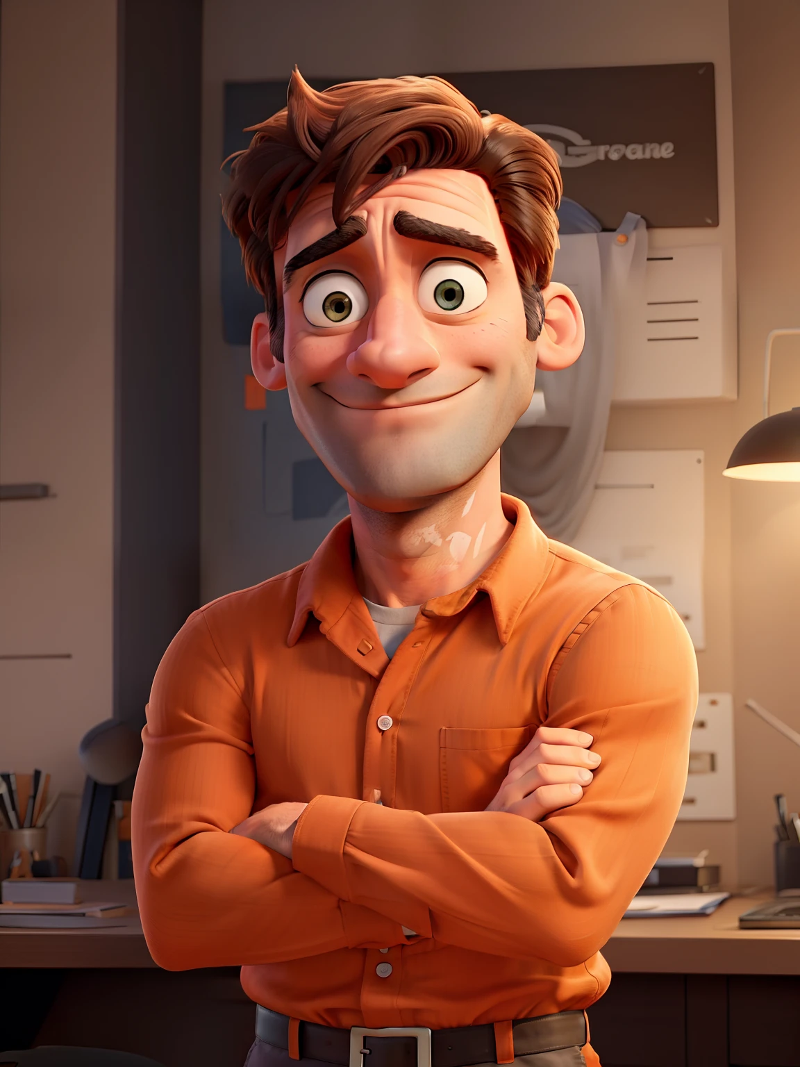 Jon Hamm, Cartoons in orange shirt and black pants, arms crossed, olhando para frente e sorrindo com os dentes aparecendo;