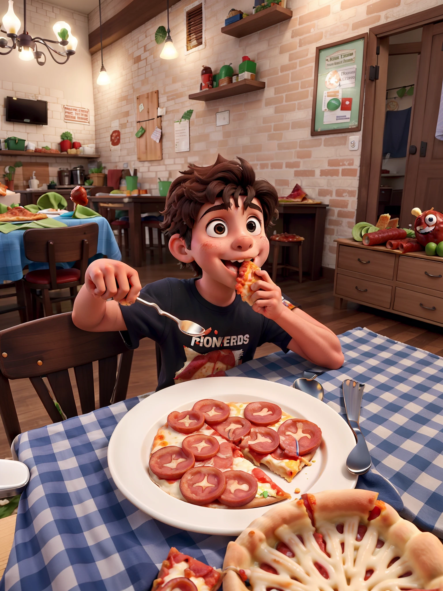 A child, cabelos claros, Eating pepperoni pizza holding the fork with one hand and eating the pizza with the other