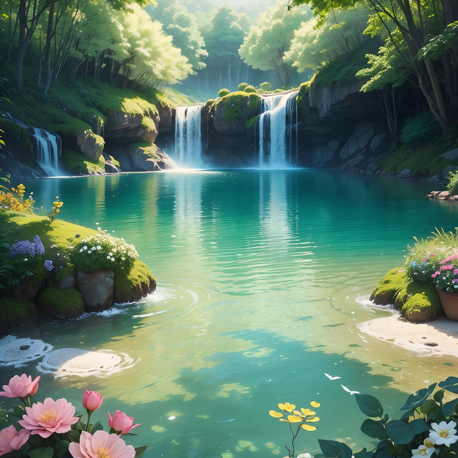 "A beautiful flowery field, com flores e rosas coloridas diamantes, crystal water, Sustainable homes in nature, arte realista, alta qualidade, realismo, lindas cores, rosas diamantes, super detalhado, hiper realista, natureza brilhante, rosas detalhas, rosas brilhosas, flores brilhantes, natureza resplandecente, arte viva, Enchanting paradise, nuvens entre folhas, nuvens entre a natureza, magical birds, wings of shining birds, cores naturais, pedras preciosas verdes, diamantes coloridos nas flores, diamantes coloridos nas rosas, HD, 10K.”
