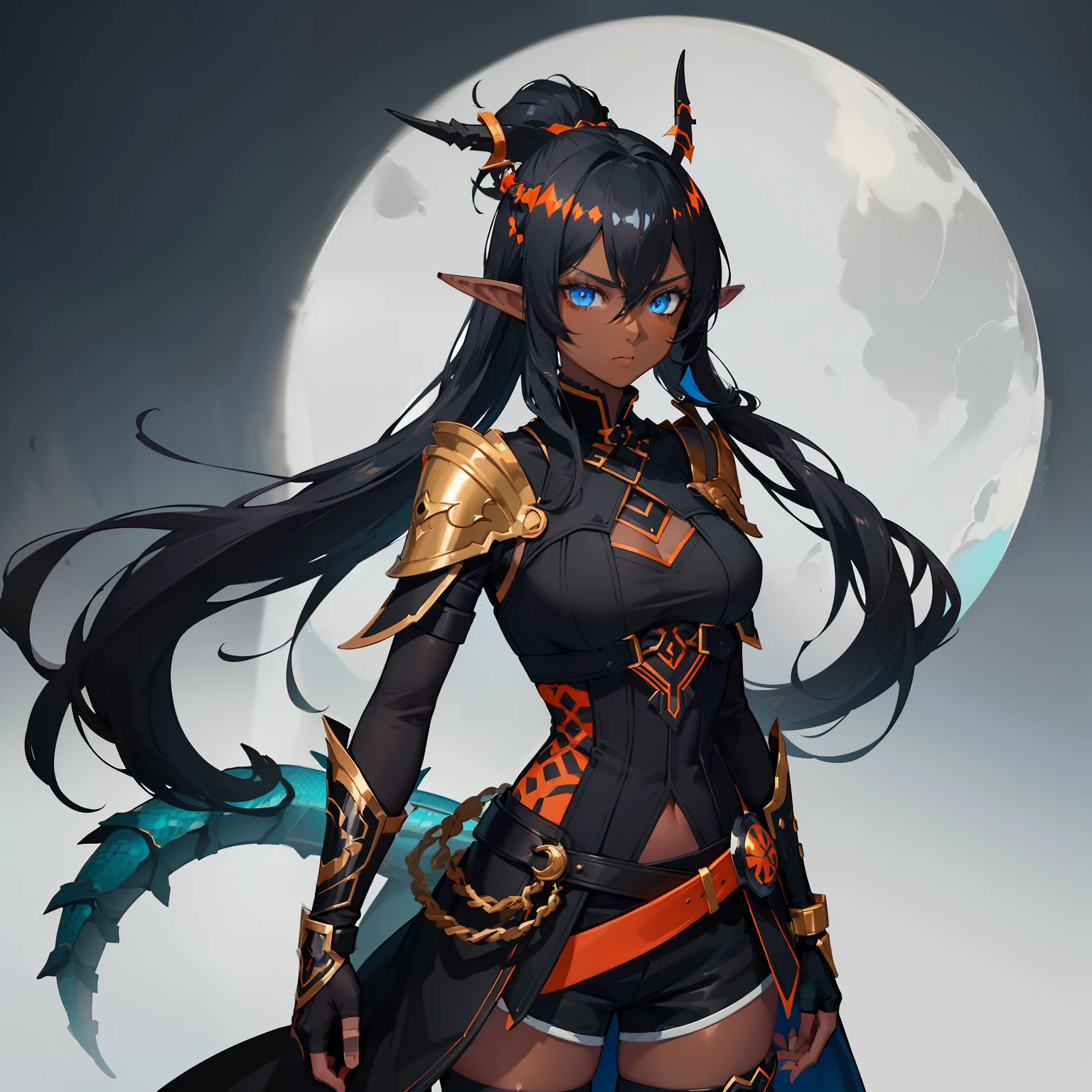 1girl , (((Dark Skin)))), Black Hair with Ponytail, (((Blue Eyes))), ((Black Metallic Gauntlets and Greaves with Orange and Silver Highlights)), (((The Clothes Have a Mix of Modern and Tribal))), (((The Clothes Have a Mix of Modern and Tribal))), having mostly the color black, but having parts in orange, shoulders exposed, at the hip a shorts that extend to half of the thigh of black color. ((Black Overcoat with a orange inner part)) absurd res, best res, high res, best face, best eyes, (((Dragon Tail))), ((Elf Ears))