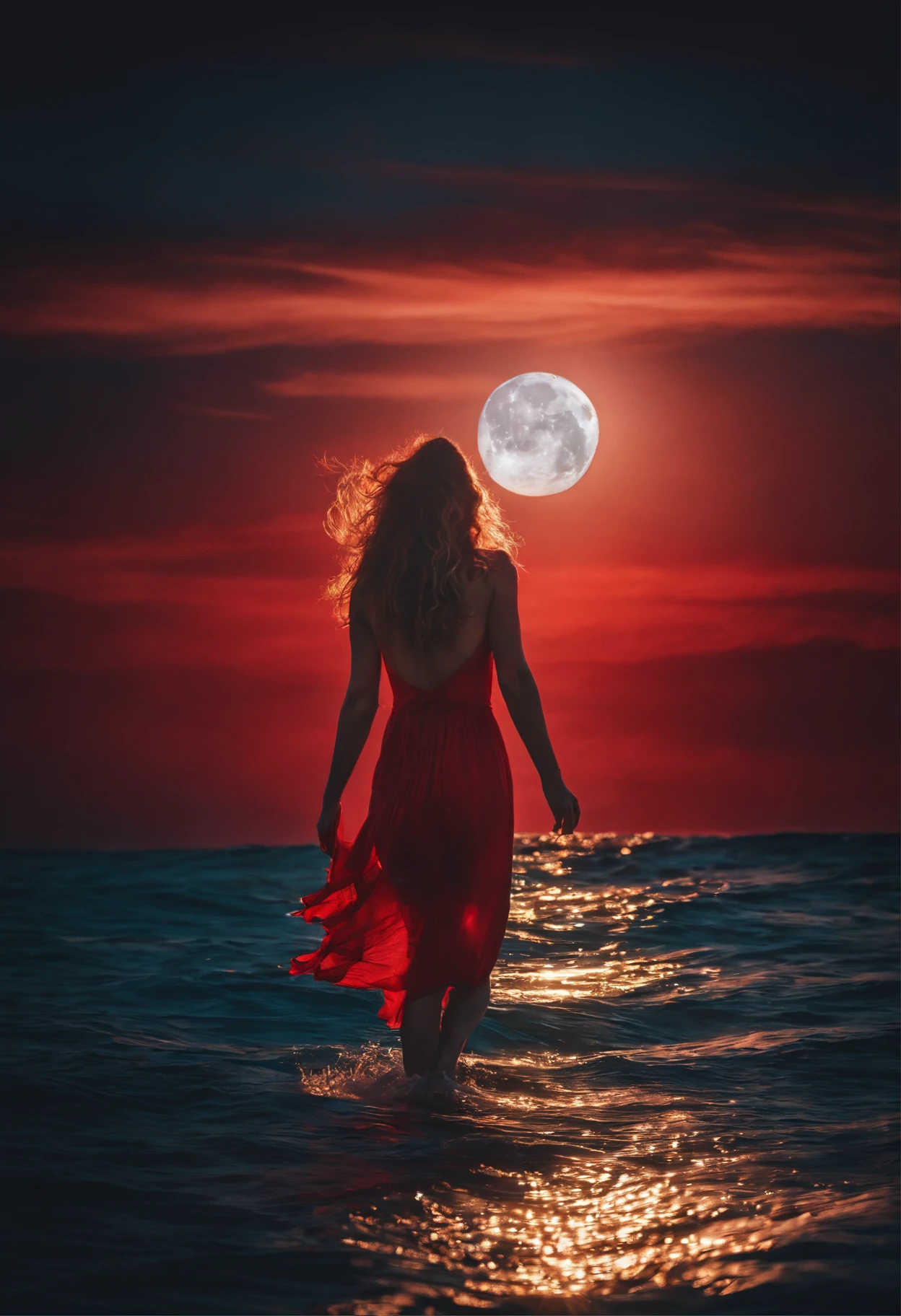 Naked woman ,hairy vagina walking on top of the sea touching the moon,tuning sking wearing red socks