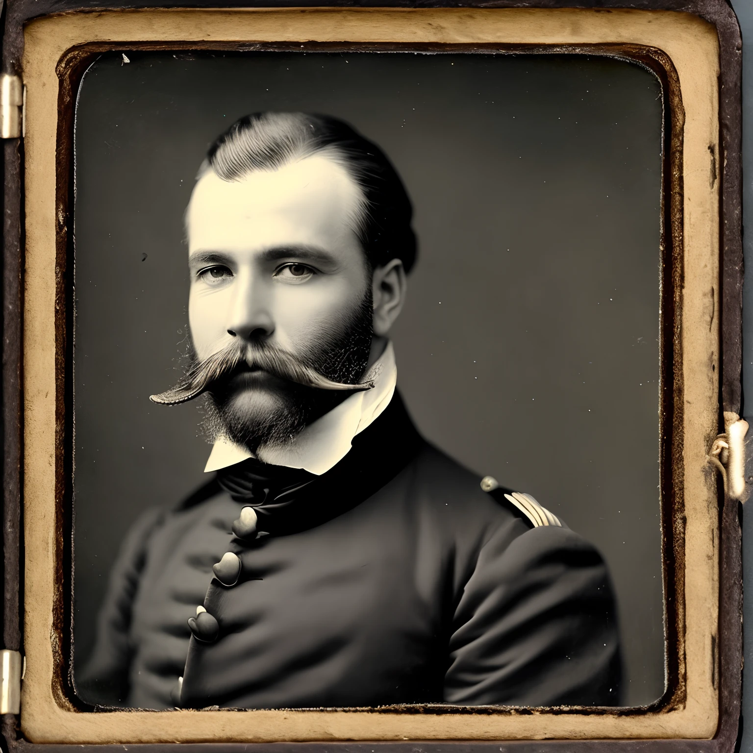 daguerrotype of black man dressed in 1700's style military officer clothing with beard and mustache,