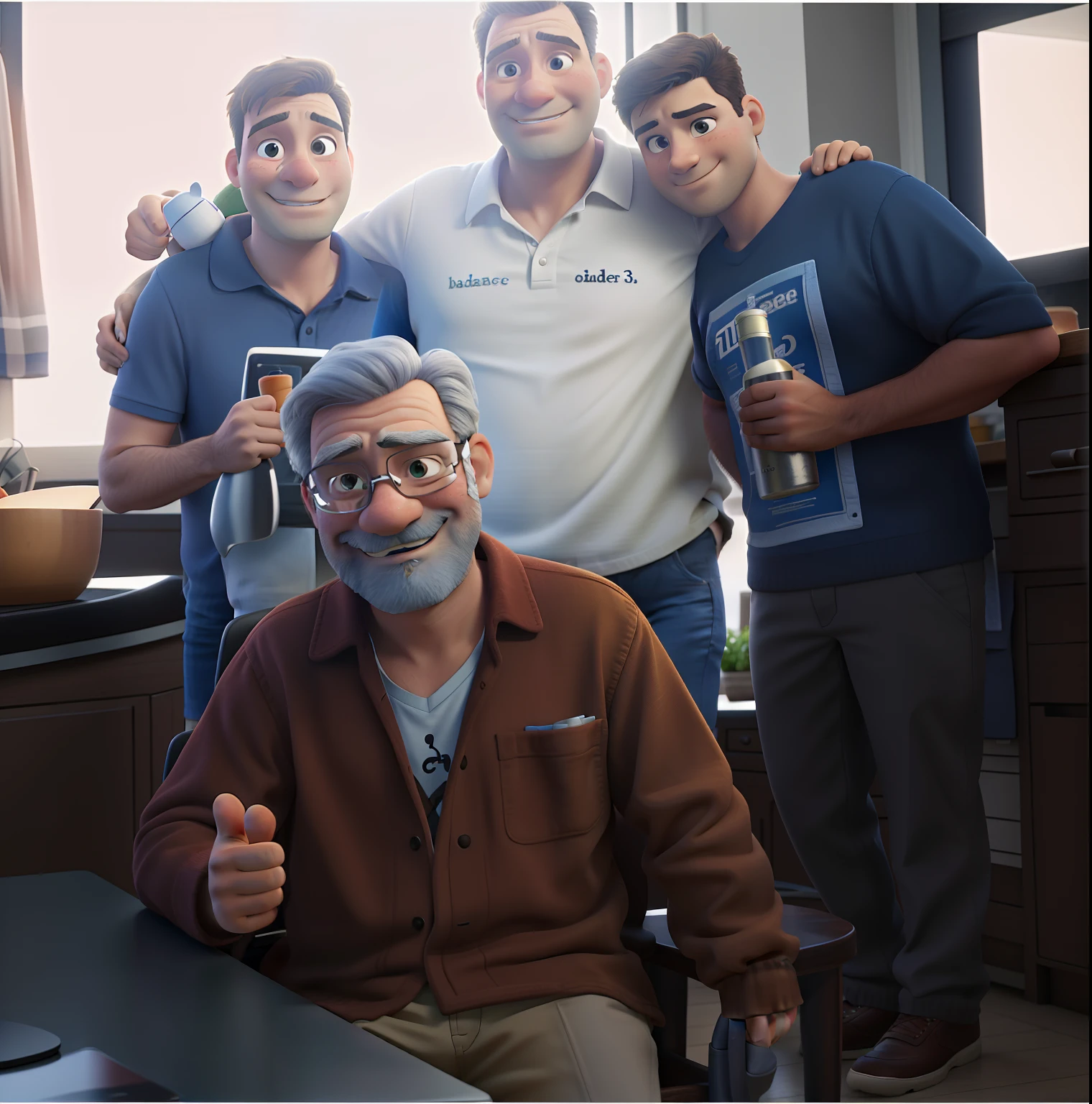 A father sitting with thumbs up and 3 adult children standing hugging in the kitchen