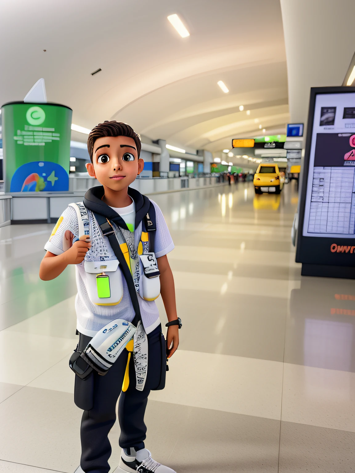 Um garoto estiloso parado na frente, iluminado pela luz do dia, contra o pano de fundo de um aeroporto