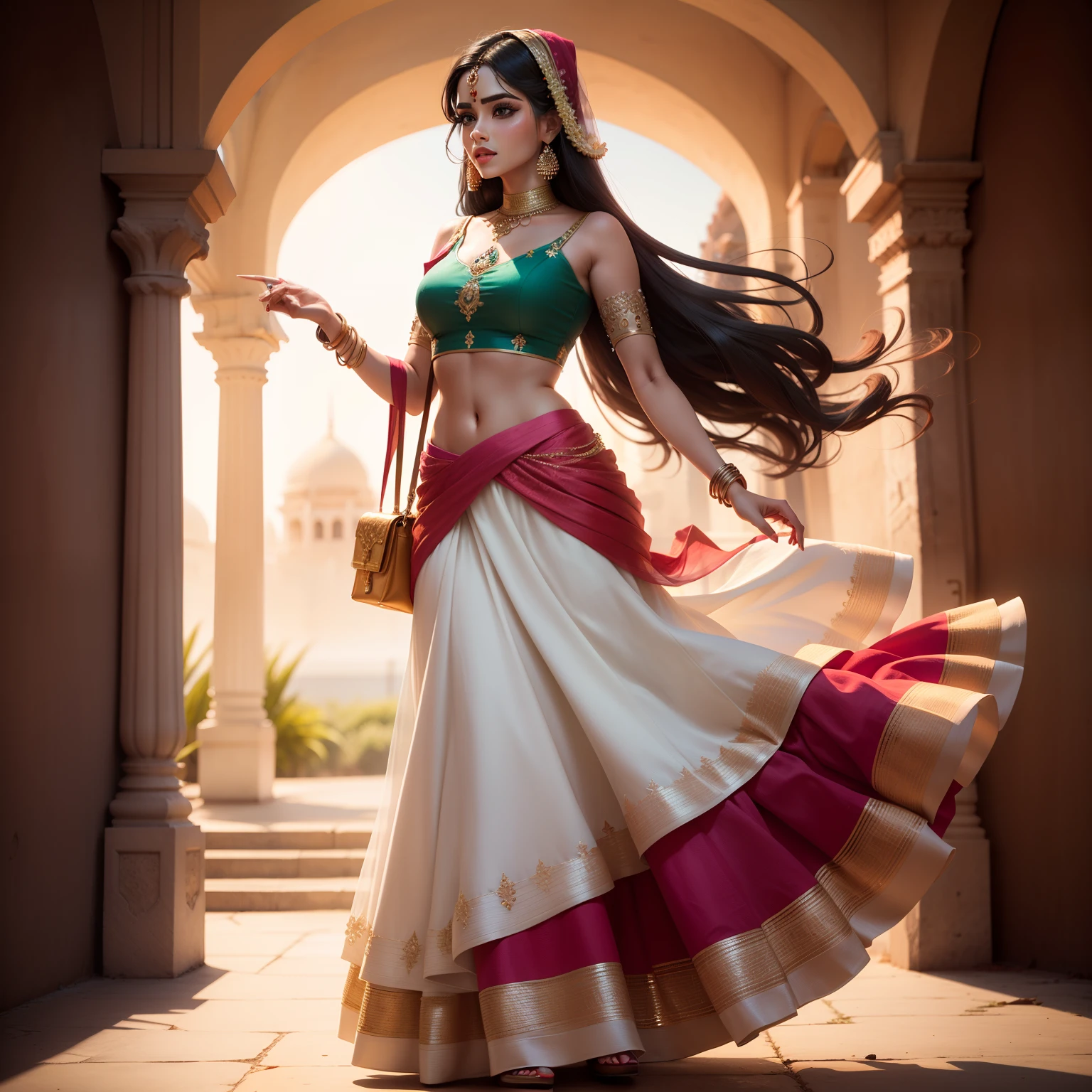 "Beautiful woman rocks a white lehenga with vibrant bursts of color."