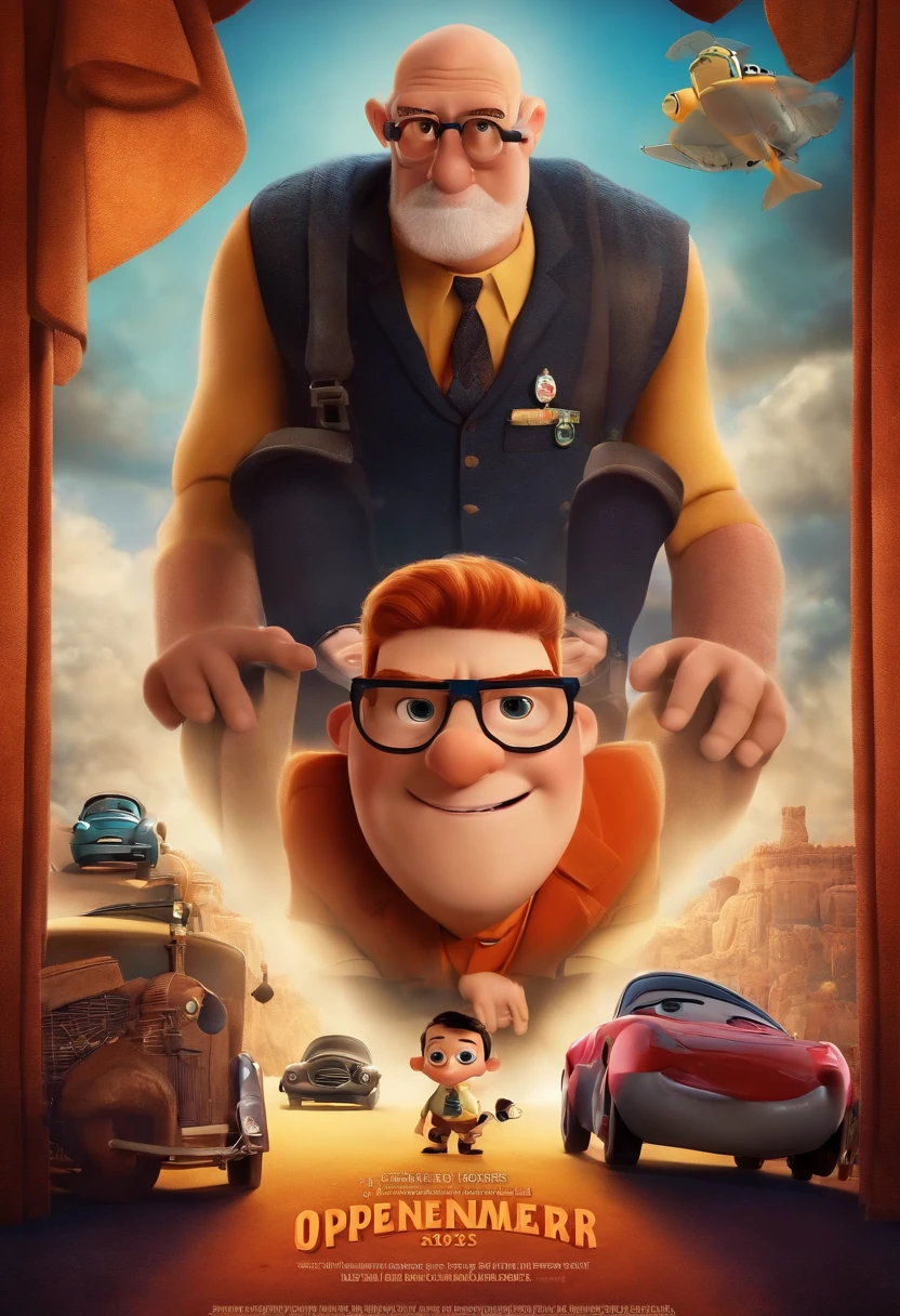 filme Oppenheimer 2023 estilo filmes Pixar, Com nome "Maneira de se conectar", poster, with credits