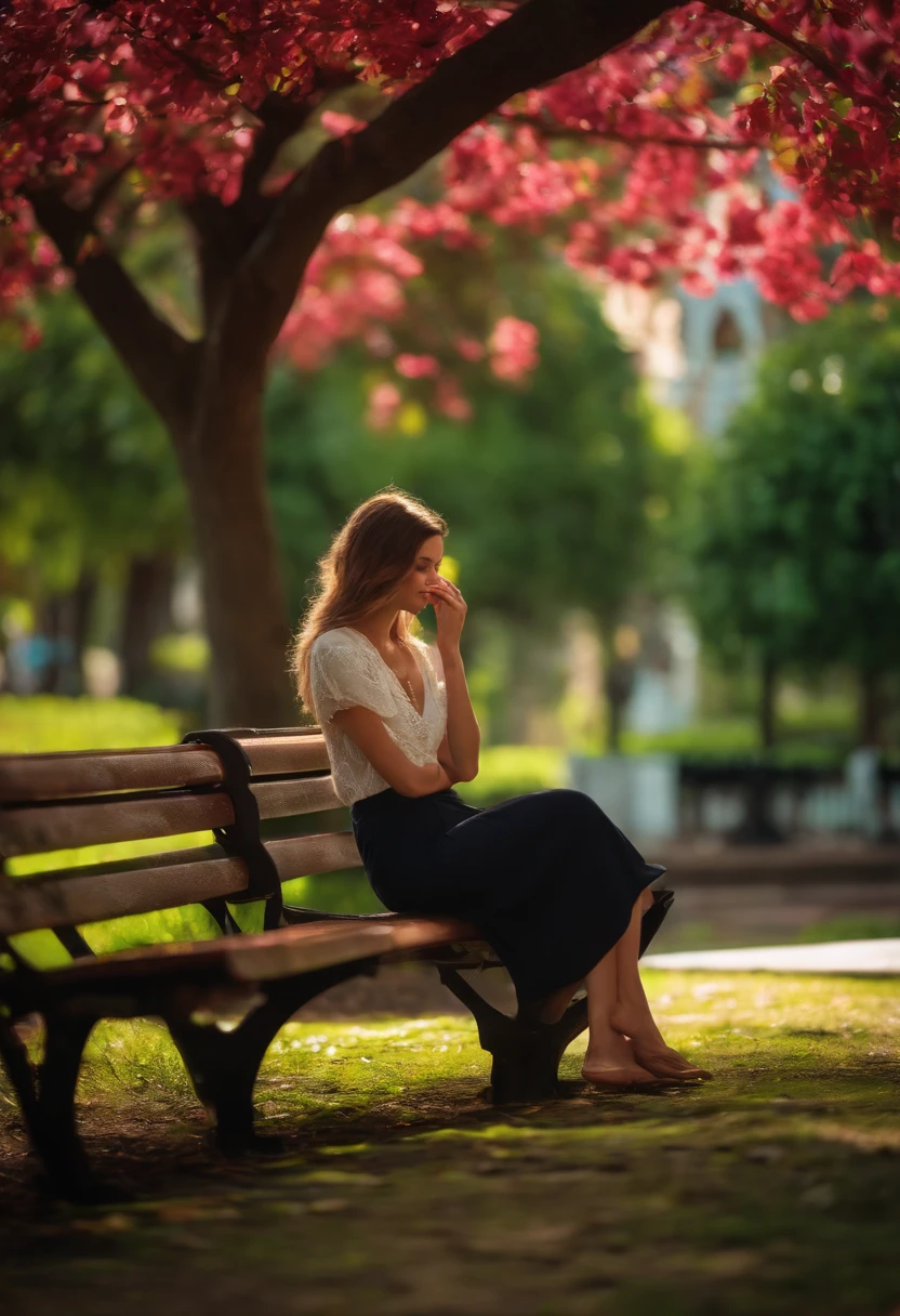 A person is sitting on a bench in a park, with their head down and their shoulders slumped. She is wearing simple clothes and is barefoot. Her face is hidden by her hands, but tears flow between her fingers. The environment is silent and lonely.