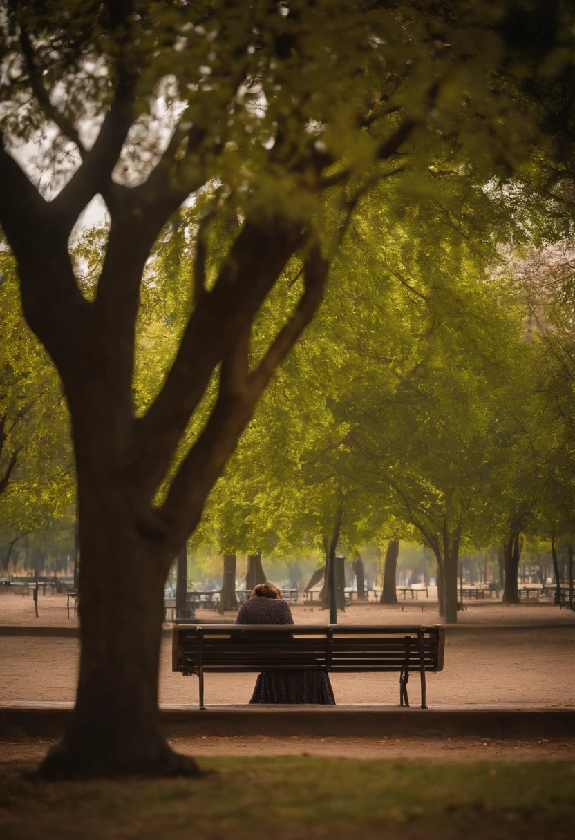A person is sitting on a bench in a park, with their head down and their shoulders slumped. She is wearing simple clothes and is barefoot. Her face is hidden by her hands, but tears flow between her fingers. The environment is silent and lonely.