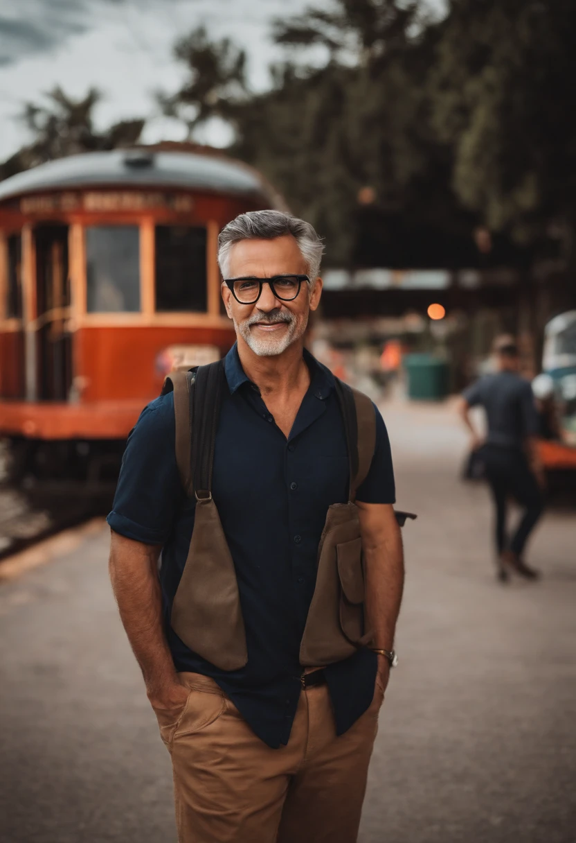 personagem no estilo Pixar, bonito, engenheiro, masculino, 40 anos de idade, cabelo com gel, Slim black rim prescription glasses, olhos castanhos, camisa polo preta, In the background, a train parking lot under maintenance.