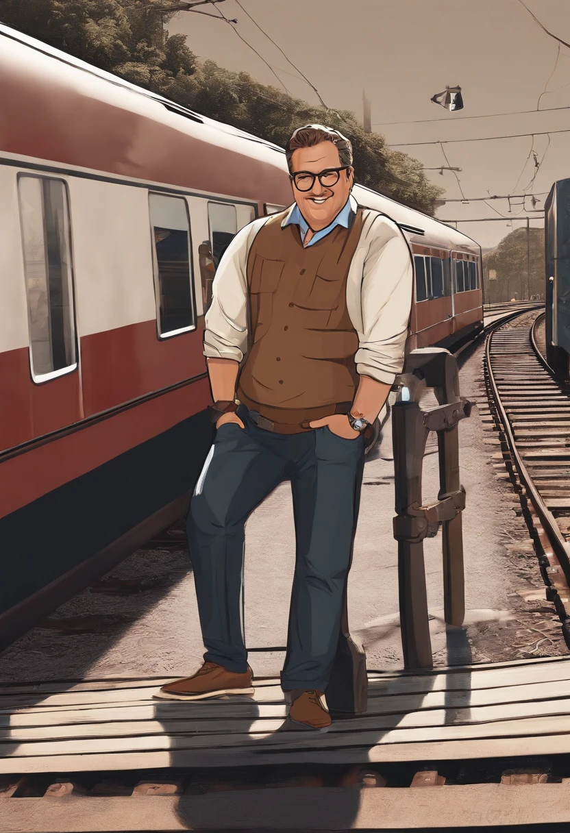 personagem no estilo Pixar, bonito, engenheiro, masculino, 40 anos de idade, cabelo com gel, Slim black rim prescription glasses, olhos castanhos, camisa polo preta, In the background, a train parking lot under maintenance.