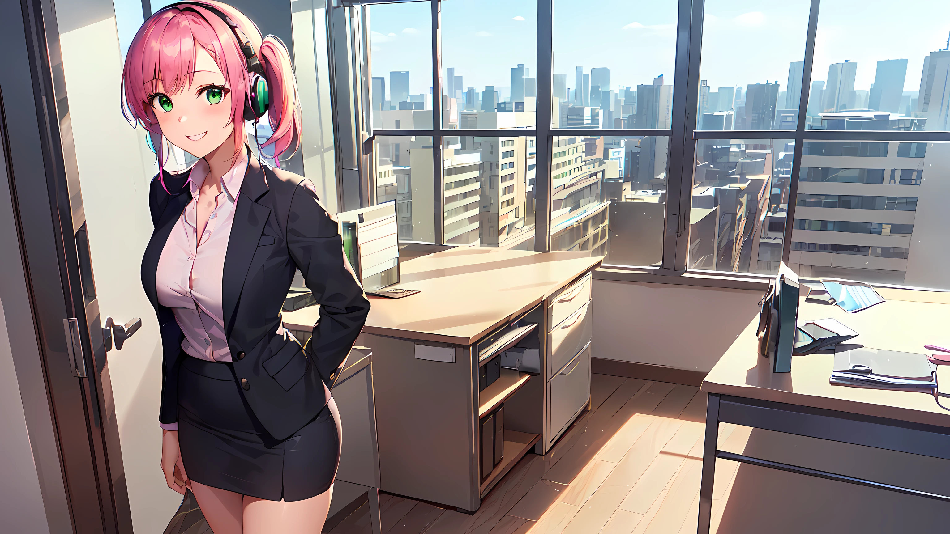 masterpiece, 1girl ((20year old, dressed in a tight red business suit, business suit jacket, tight white shirt, tight knee length business skirt, high heels, medium breasts, multicolor pink hair, twin ponytails, perfect model body, green eyes:1.5, flirting, happy, big smile, wearing headphones, looking at viewer, standing in a modern business office suite:1.2, with windows in the background:1.3, professional and casual atmosphere:1.2)) ((solo:1.6))