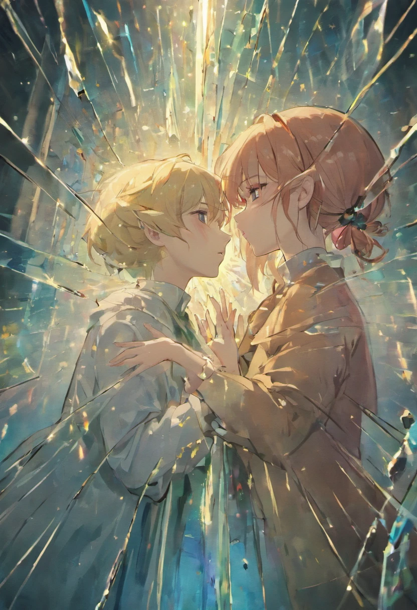 Lovers, Man and woman behind broken glass, Reflection of a Woman, Broken glass, Hugs through the mirror, Large cracks, touching the palms of the hands through the glass, Shard Magic