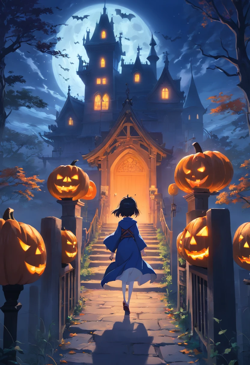 highres, masterpice:1.2, HDR, ultra-detailed, realistic, eerie, Halloween-themed, dark atmosphere, haunted, spooky, intricate brush strokes, vibrant colors, mystical lighting, ghostly figures, creepy pumpkin, witch flying on a broomstick, haunted house, moonlit night, foggy forest, flying bats, glowing eyes, mysterious shadows, bats in the full moon, cobwebs, witches' cauldron, eerie fog, spellbinding magic, spooky graveyard, Jack-o'-lanterns, skeleton, full moon, magical spells, haunted castle, creepy creatures, haunted mansion, haunted painting process