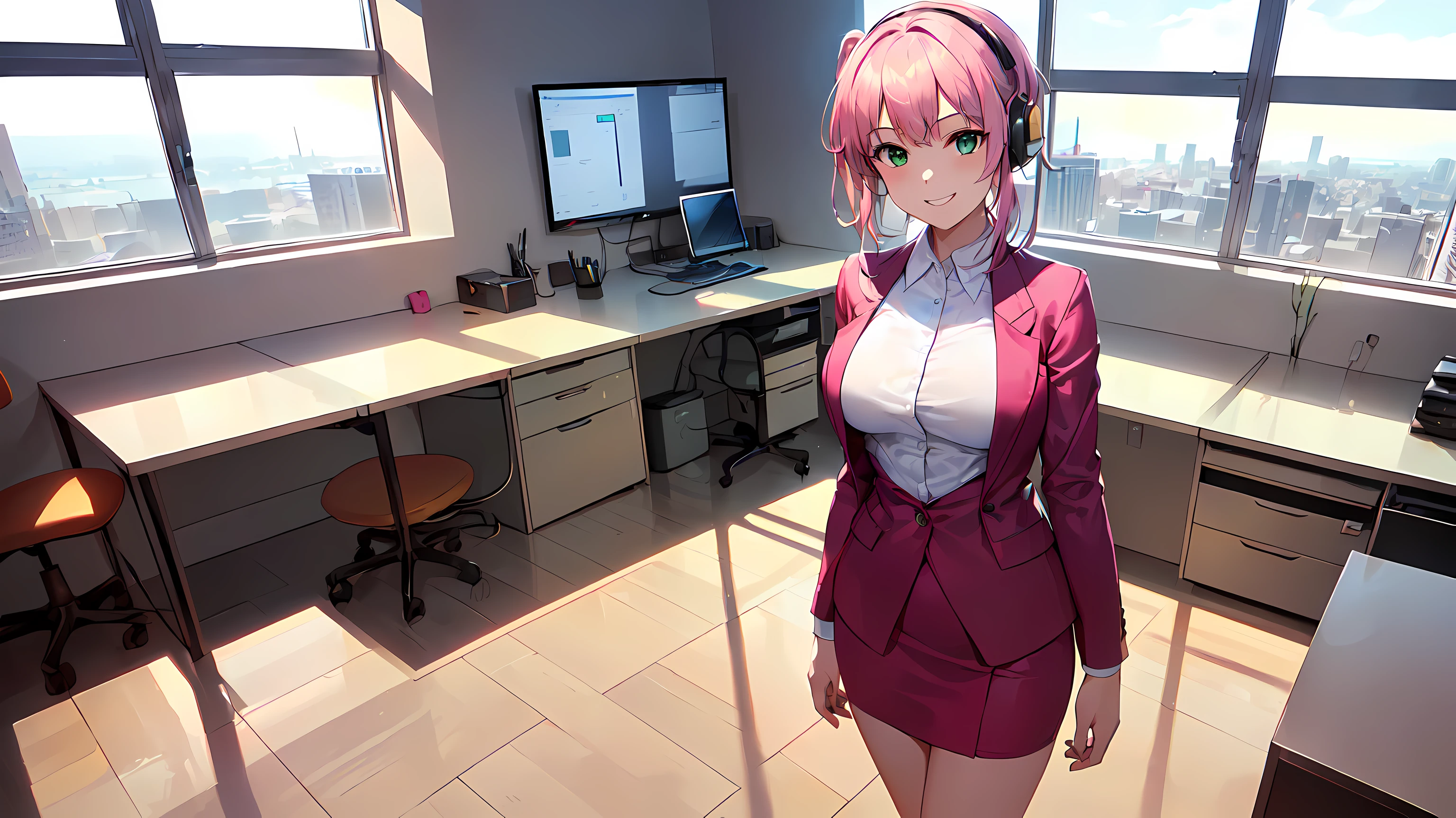 masterpiece, 1girl ((20year old, dressed in a tight red business suit, business suit jacket, tight white shirt, tight knee length business skirt, high heels, medium breasts, multicolor pink hair, twin ponytails, perfect model body, green eyes:1.5, flirting, happy, big smile, wearing headphones, looking at viewer, standing in a modern business office suite:1.2, with windows in the background:1.3, professional and casual atmosphere:1.2)) ((solo:1.6))