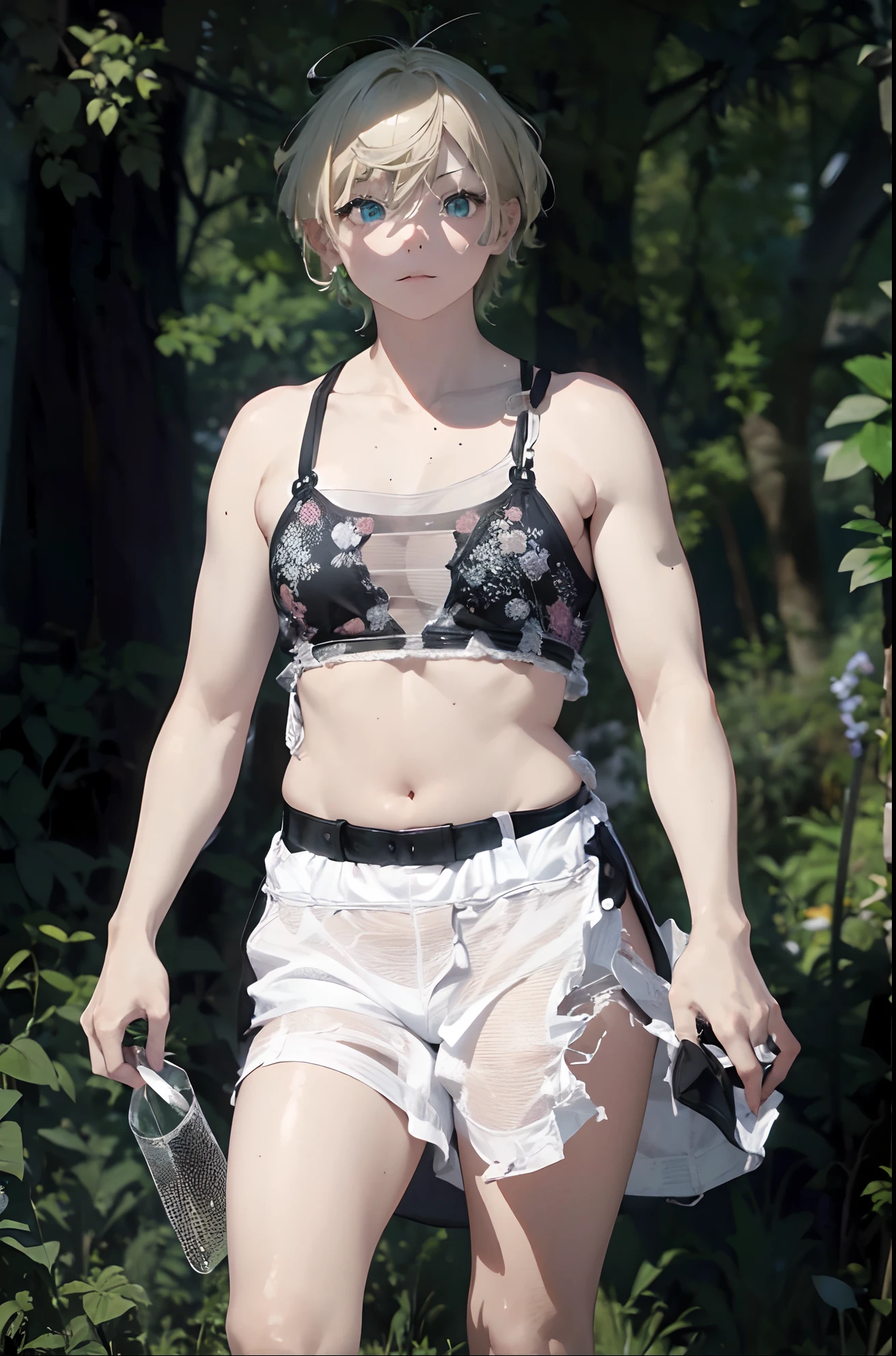 young blonde, albino, green eyes, round face, short curly blonde hair, wearing transparent black shirt, pokies, tiny breasts, flat straight breasts, man boobs, tight black leather pants, new york street