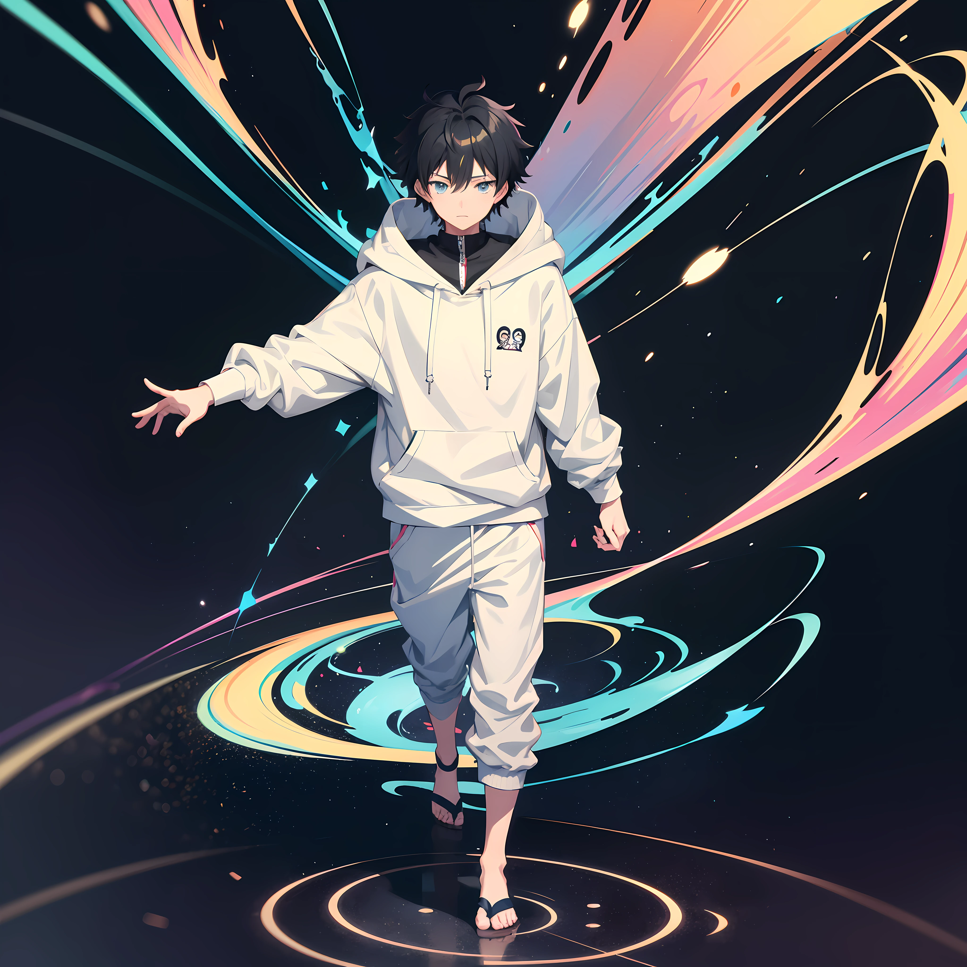 anime boy with black hair and a hoodie standing in front of a colorful background, best anime 4k konachan wallpaper, killua zoldyck, anime art wallpaper 8 k, anime art wallpaper 4k, anime art wallpaper 4 k, nagito komaeda, anime wallpaper 4k, anime wallpaper 4 k, killua zoldyck portrait