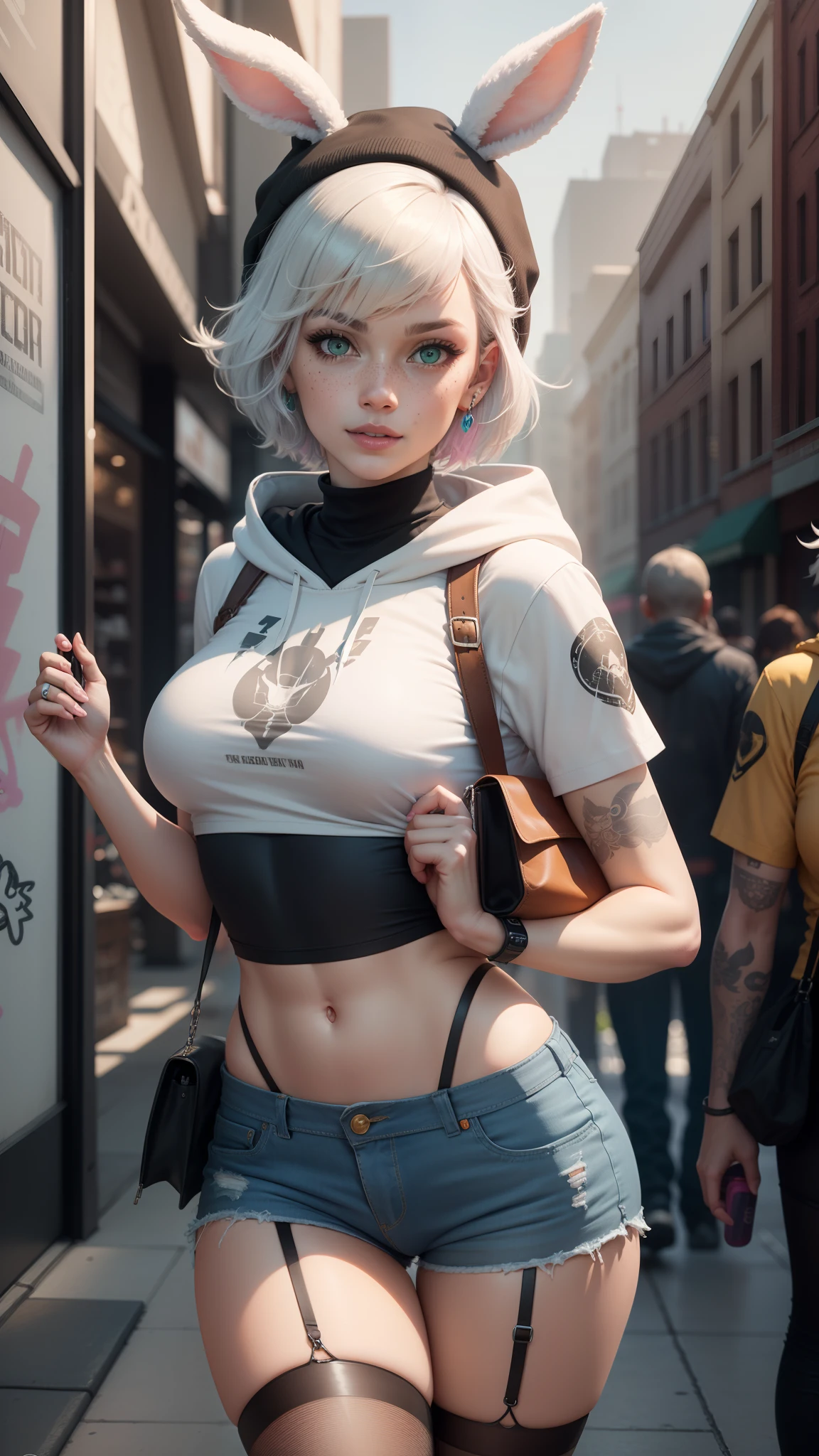 gwen tennyson,tracer,yorha 2b,y'shtola rhul,overwatch,nier automata,mecha pilot,shopping center,tattoos,orange and pink plugsuit,white short sleeve top,denim micro shorts,garter belt, uncovered belly,short hair,cute makeup,green eyes,multicolored silver hair,sexy smile,freckles,beautiful girl,large breasts,8k,ultra detailed, realistic,fantasy art,skater uniform,ear piercings,cyberpunk suit,saiyan girl, saiyan female,white short sleeve sport hoodie,bunny ear beanie,graffiti wall art,walking,small purse,fishnet stockings,