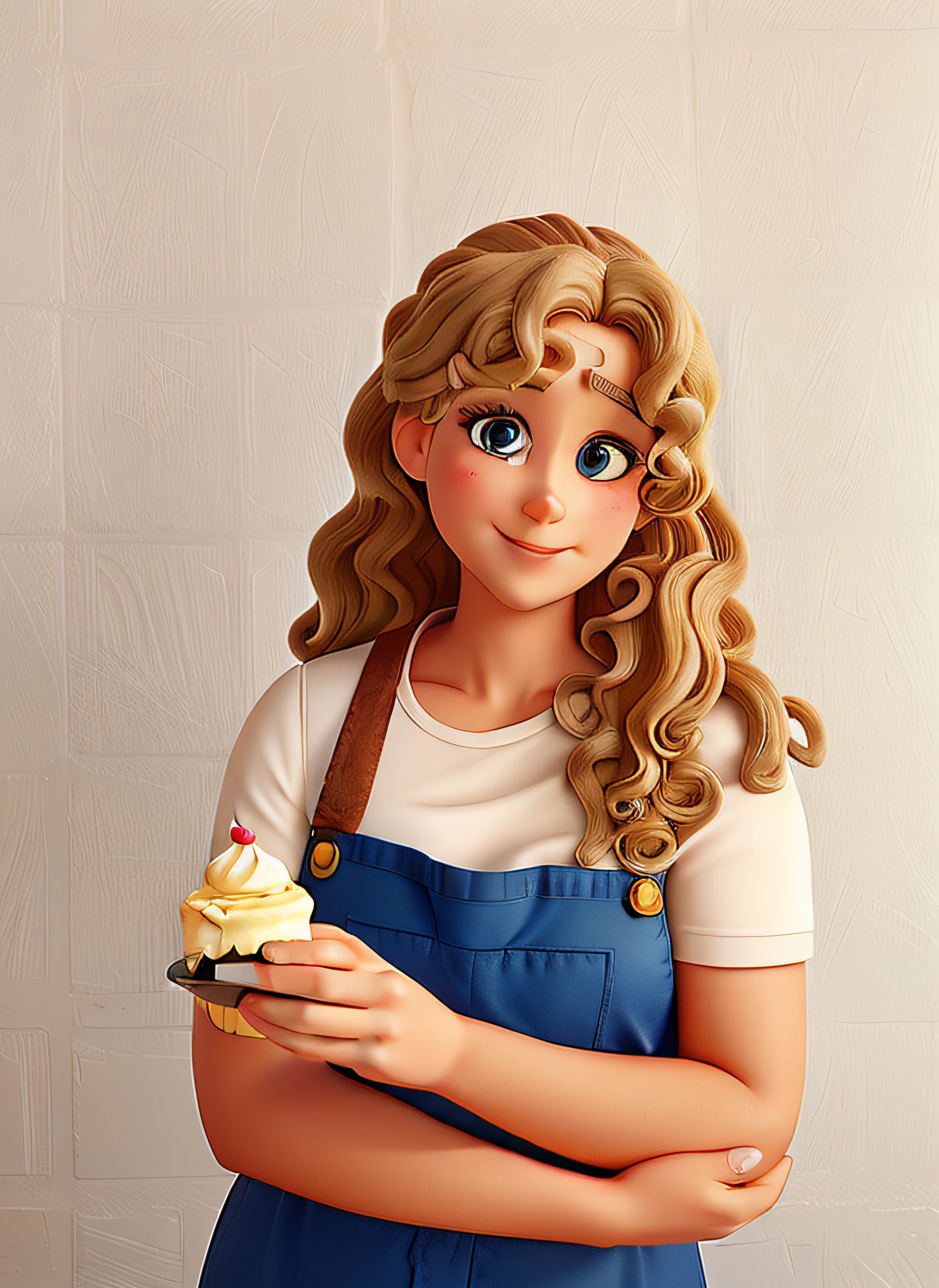 Curly blonde pastry chef making a buttercream cake 39 years old and Brazilian