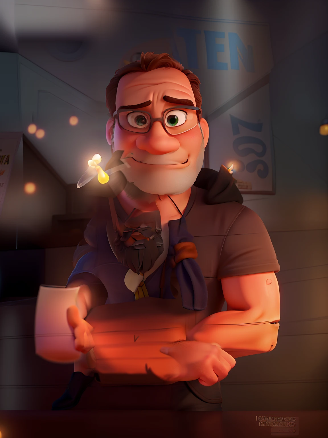 Poster no estilo Disney pixar, alta qualidade, melhor qualidade, homem sexy branco, 30 anos cabelo grisalho barba preta, musculoso, com fundo em um restaurante a luz de velas