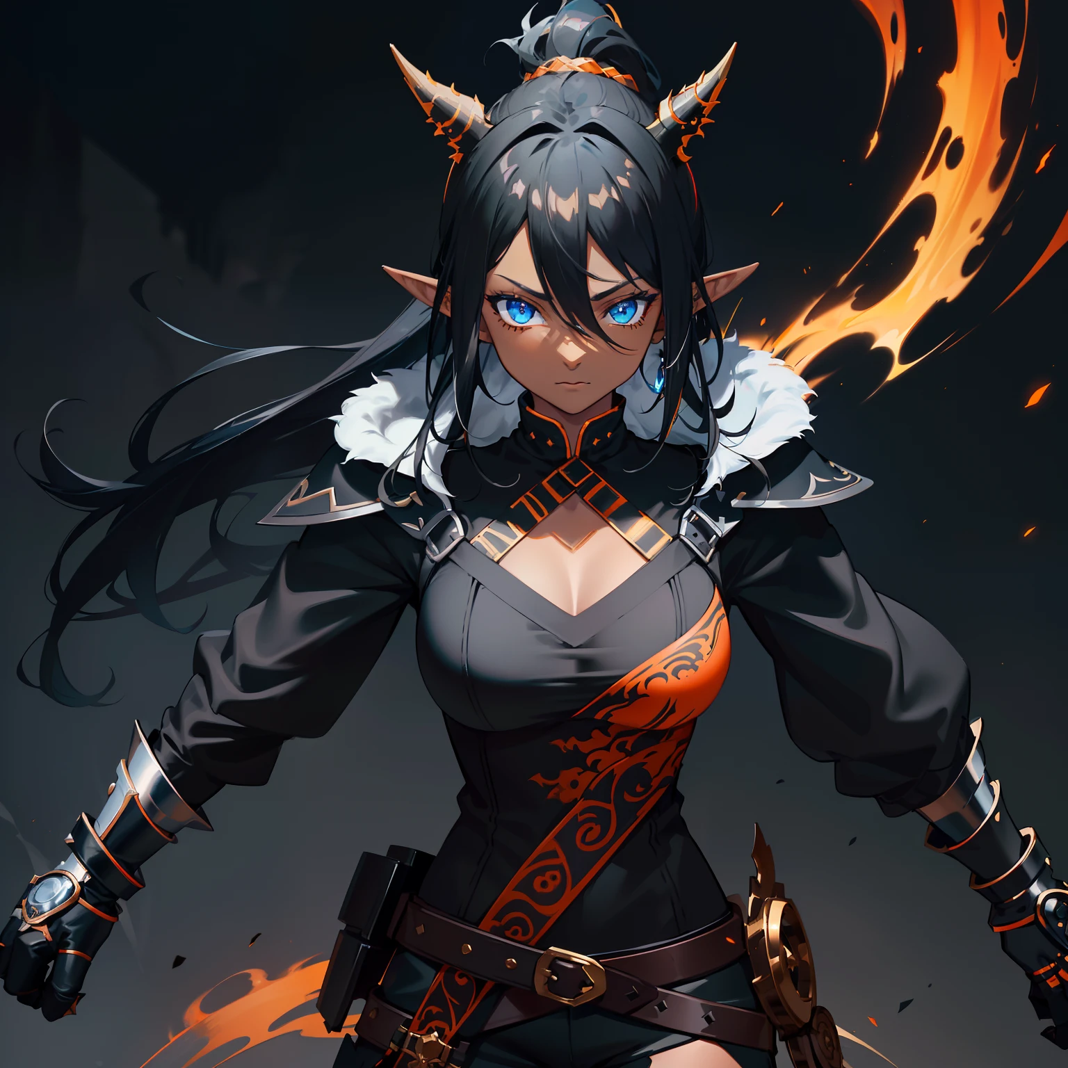 1girl , (((Dark Skin)))), Black Hair with Ponytail, (((Blue Eyes))), ((Black Metallic Gauntlets and Greaves with Orange and Silver Highlights)), (((The Clothes Have a Mix of Modern and Tribal))), (((The Clothes Have a Mix of Modern and Tribal))), having mostly the color black, but having parts in orange, shoulders exposed, at the hip a shorts that extend to half of the thigh of black color. ((Black Overcoat with a orange inner part)) absurd res, best res, high res, best face, best eyes, (((Dragon Tail))), ((Elf Ears))