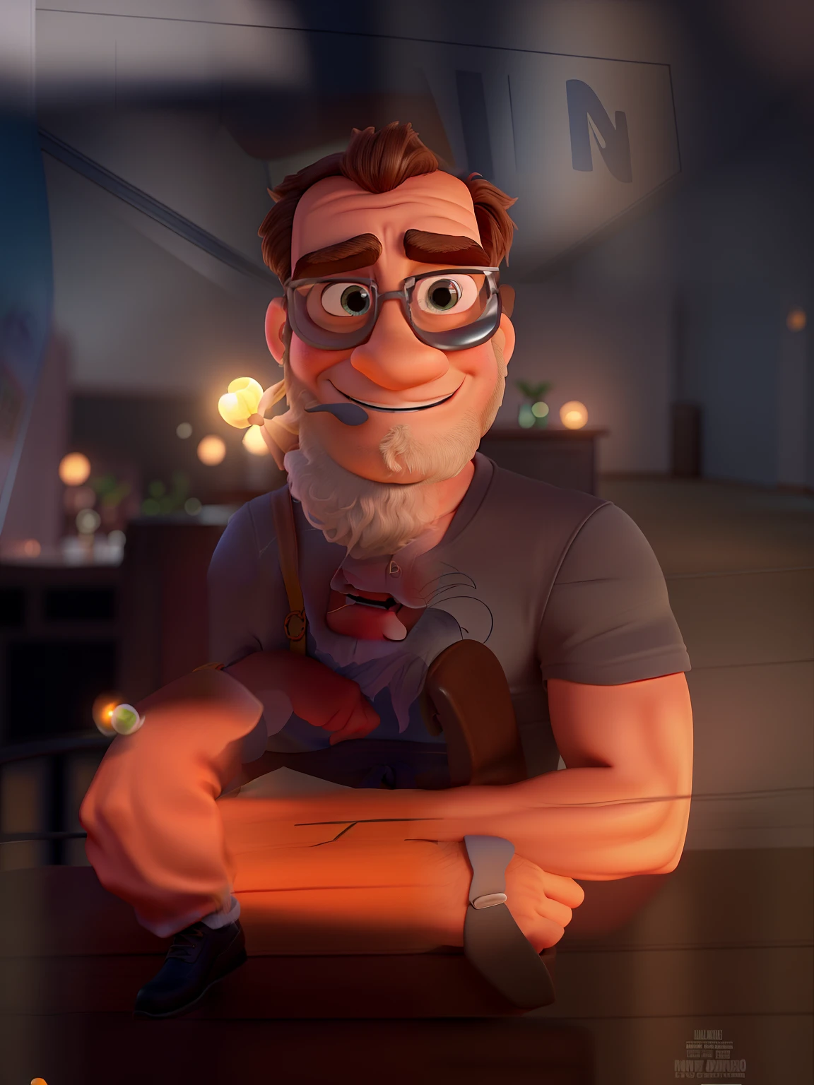 Poster no estilo Disney pixar, alta qualidade, melhor qualidade, homem sexy branco, 30 anos cabelo grisalho barba preta, musculoso, com fundo em um restaurante a luz de velas