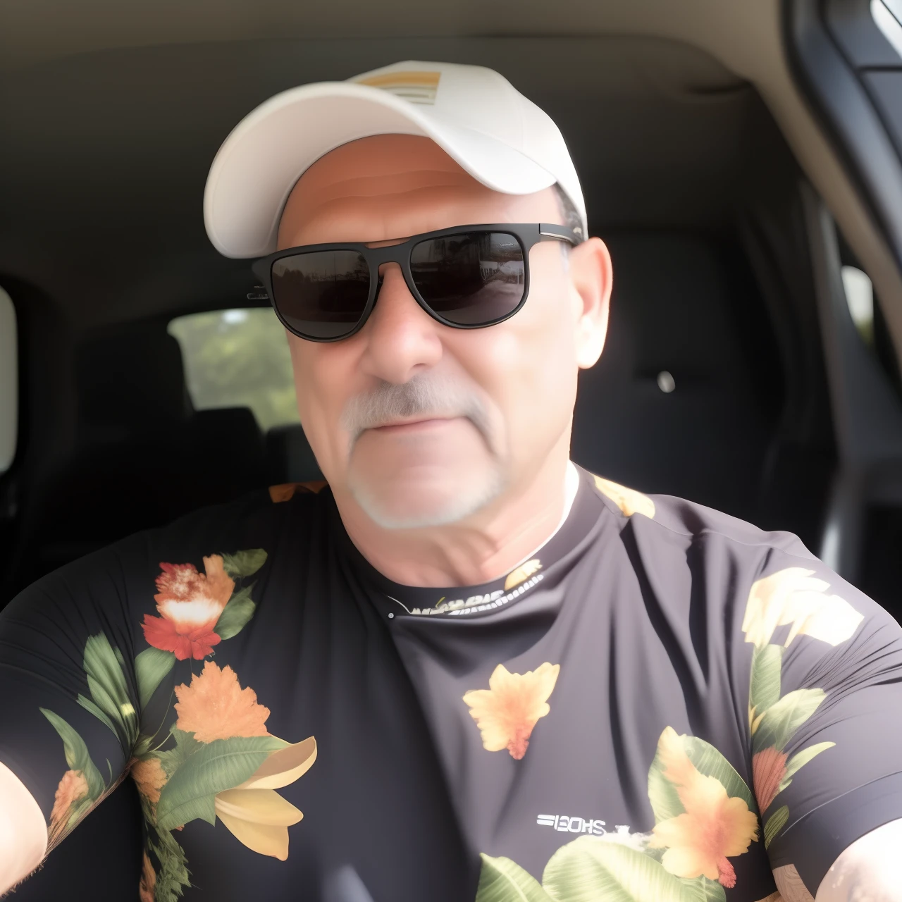 Homem de 40 anos de oculos de sol preto, camisa preta florida tirando uma self dentro do carro, bone branco, sem barca.