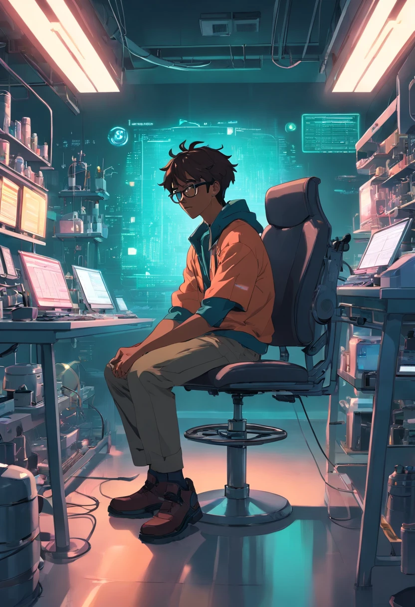 raw, wide angle, A man in a dark laboratory sitting on a chair of the future wears glasses., Reddish black skin, laboratory, hardware, Bright environment, Neon, ((cyberpunked))