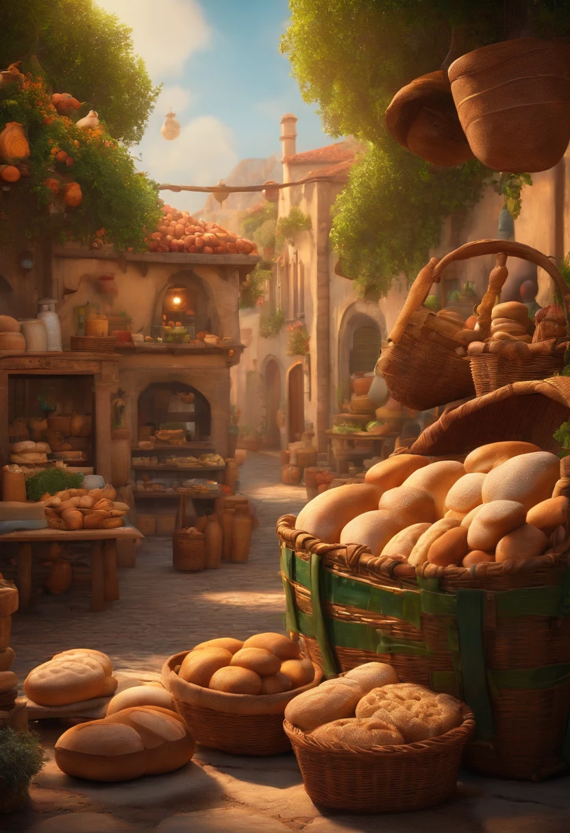 criar um ambiente de uma padaria, with several bags of flour, buns, lodes, baquetes, banettons. disney pixar, melhor qualidade, alta qualidade