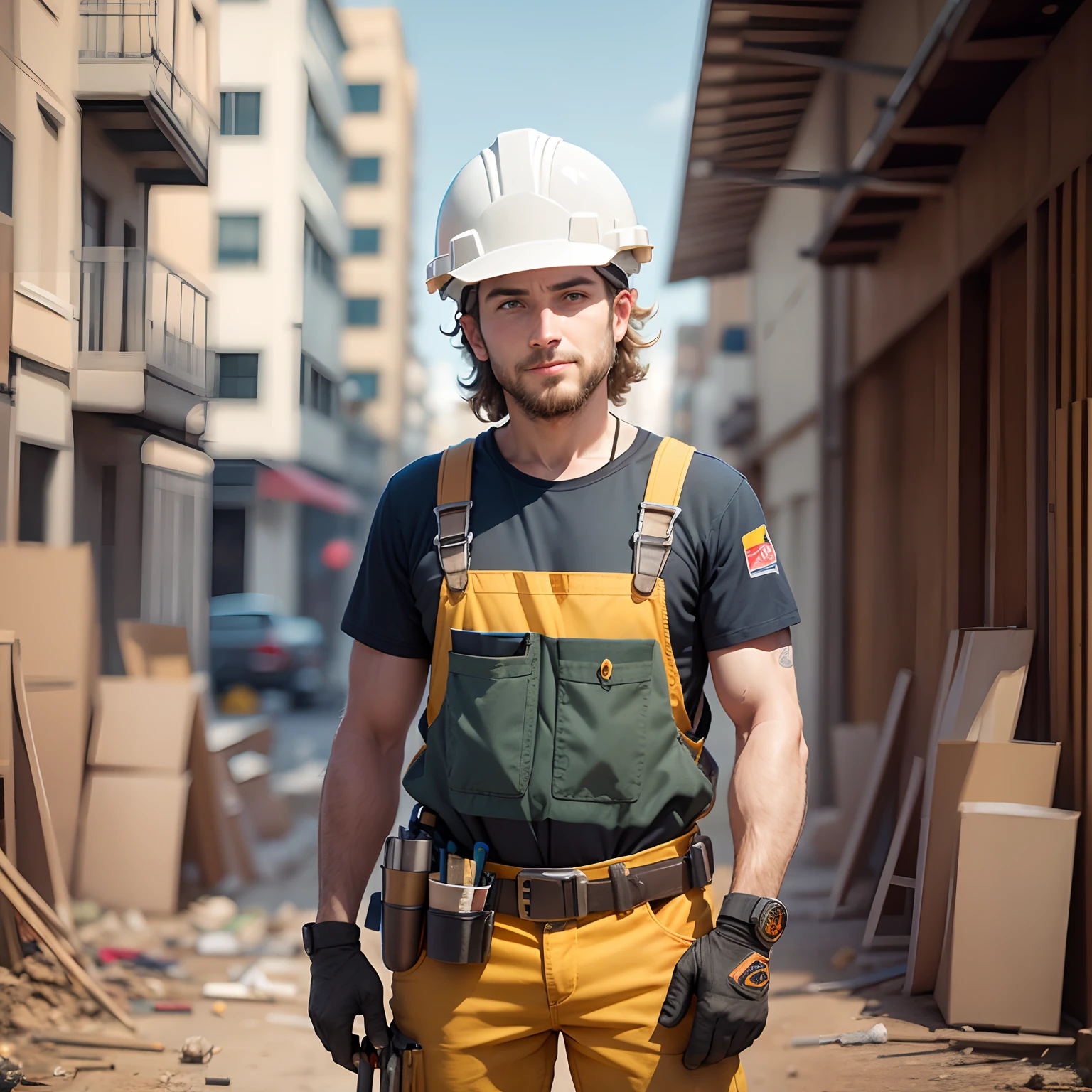 Man dressed as a construction worker looking forward, Equipped with a helmet and tool belt, Engaged in construction activities, Conveying a sense of camaraderie, Lovely and approachable character, Authentic and recognizable construction attire, Safe and responsible display of protective equipment, Busy and productive work on the construction site, Cooperative interactions with other workers,  Warm and inviting environment, Front photo to engage viewers