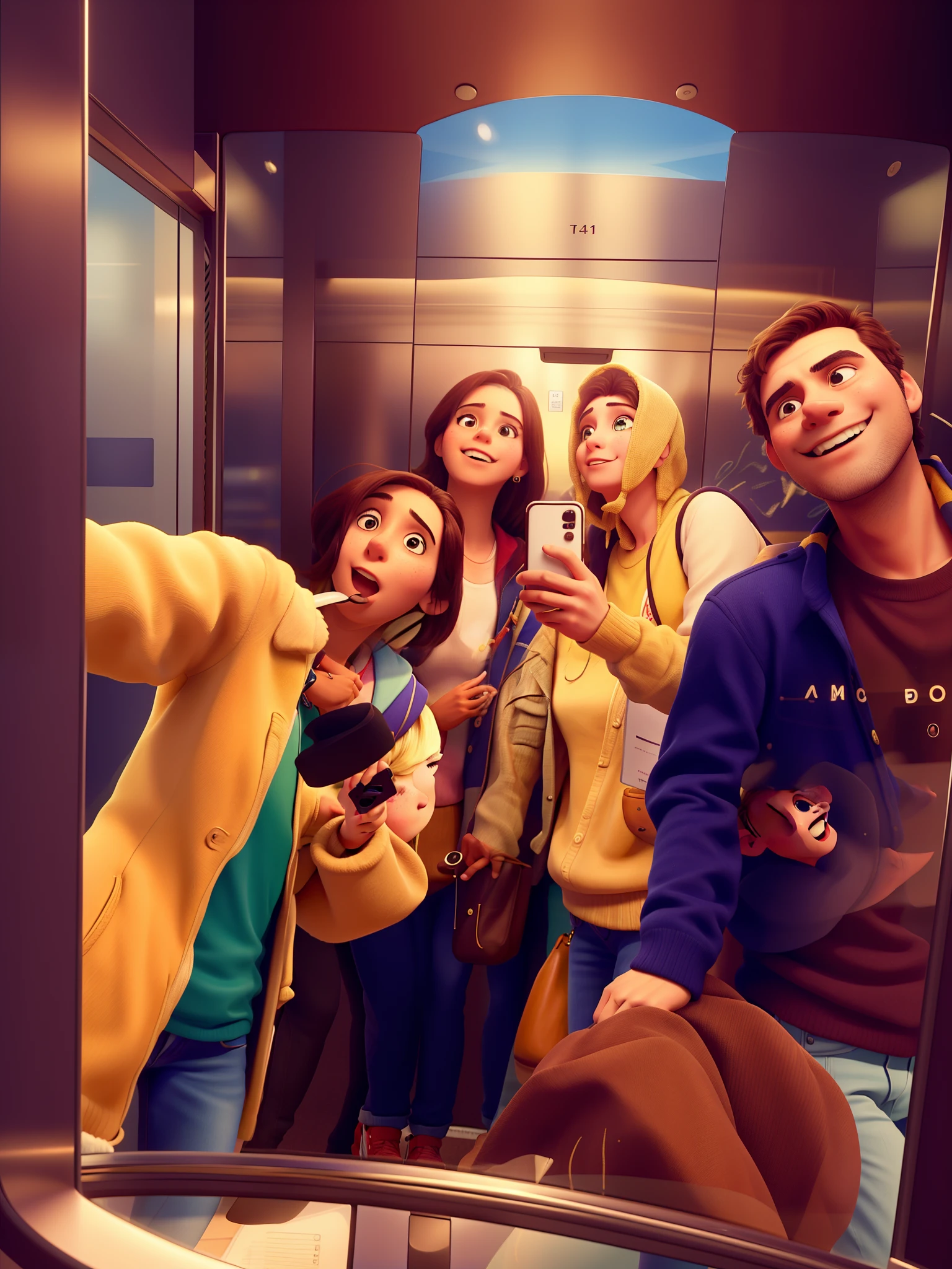 There are four people taking a selfie in an elevator, grupo de pessoas em um elevador, em um elevador, no elevador escuro, elevador, inspirado em Leandro Erlich, portas de elevador parecem uma boca, com rostos molhados!!, Fotografia tirada em 2 0 2 0, com pessoas dentro pilotando-o, Directed by: Emma Andijewska