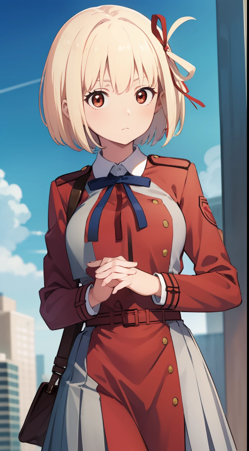 chisatonishikigi, nishikigi chisato, short hair, bangs, blonde hair, (red eyes:1.5), hair ribbon, one side up, bob cut,
BREAK shirt, long sleeves, dress, ribbon, white shirt, collared shirt, belt, neck ribbon, red dress, blue ribbon, pleated dress, grey dress, two-tone dress, red belt, lycoris uniform,,
BREAK outdoors, city,
BREAK looking at viewer, BREAK (masterpiece:1.2), best quality, high resolution, unity 8k wallpaper, (illustration:0.8), (beautiful detailed eyes:1.6), extremely detailed face, perfect lighting, extremely detailed CG, (perfect hands, perfect anatomy), large breasts, solid color background