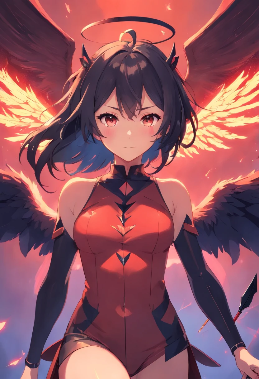 Crie uma succubus. Ela deve ter pele vermelha, symmetrical face, chifres retorcidos, olhos completamente negros, cabelos longos e negros. Seu corpo deve ter seios grandes, cintura fina, quadris largos e coxas grossas. She must possess a pair of demonic wings located on her back and a tail with an arrow at the tip.