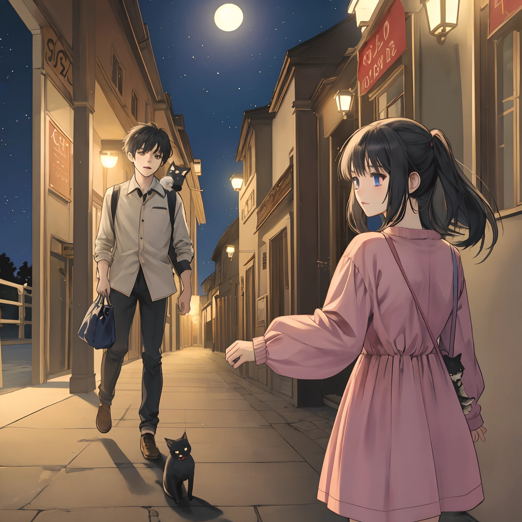 Anime girl walking at night holding a bag full of foods have her pet cat on her back and she i thinking of something
