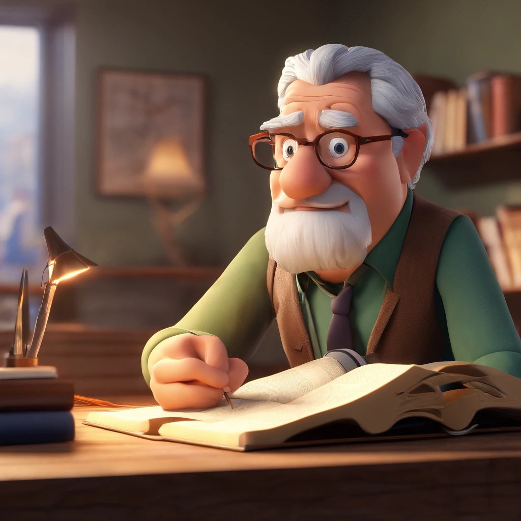 Crie um cartaz inspirado na Disney Pixar com o personagem sendo o pastor Rubens Janier, A gray-haired man wearing glasses, in an office with a Bible on the table