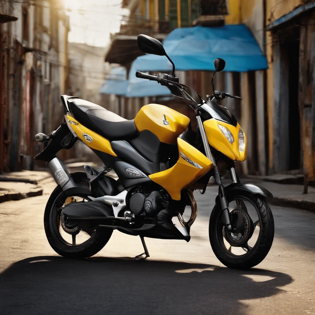 Crie um carro estilo Peugeot 206 na cor prata e uma moto estilo Yamaha Lander 250 2008 estilo pixar a moto e o carro deve estar dentro de uma favela escrito paraisopolis ne um outdoor
